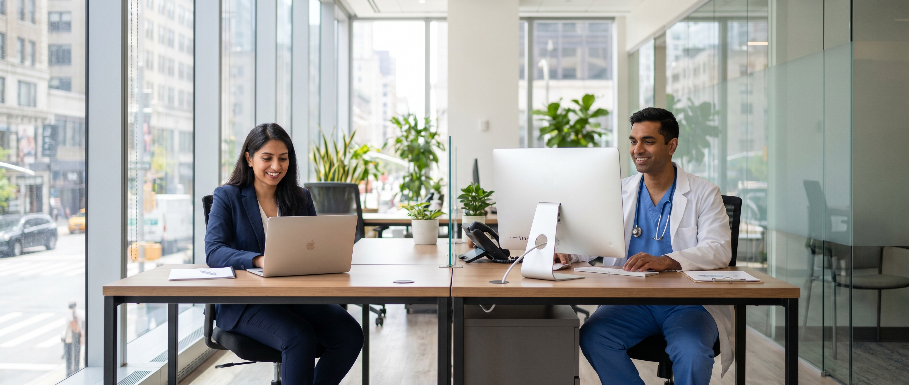 Healthcare and business professionals using Dragon voice recognition in a modern Indian workplace.