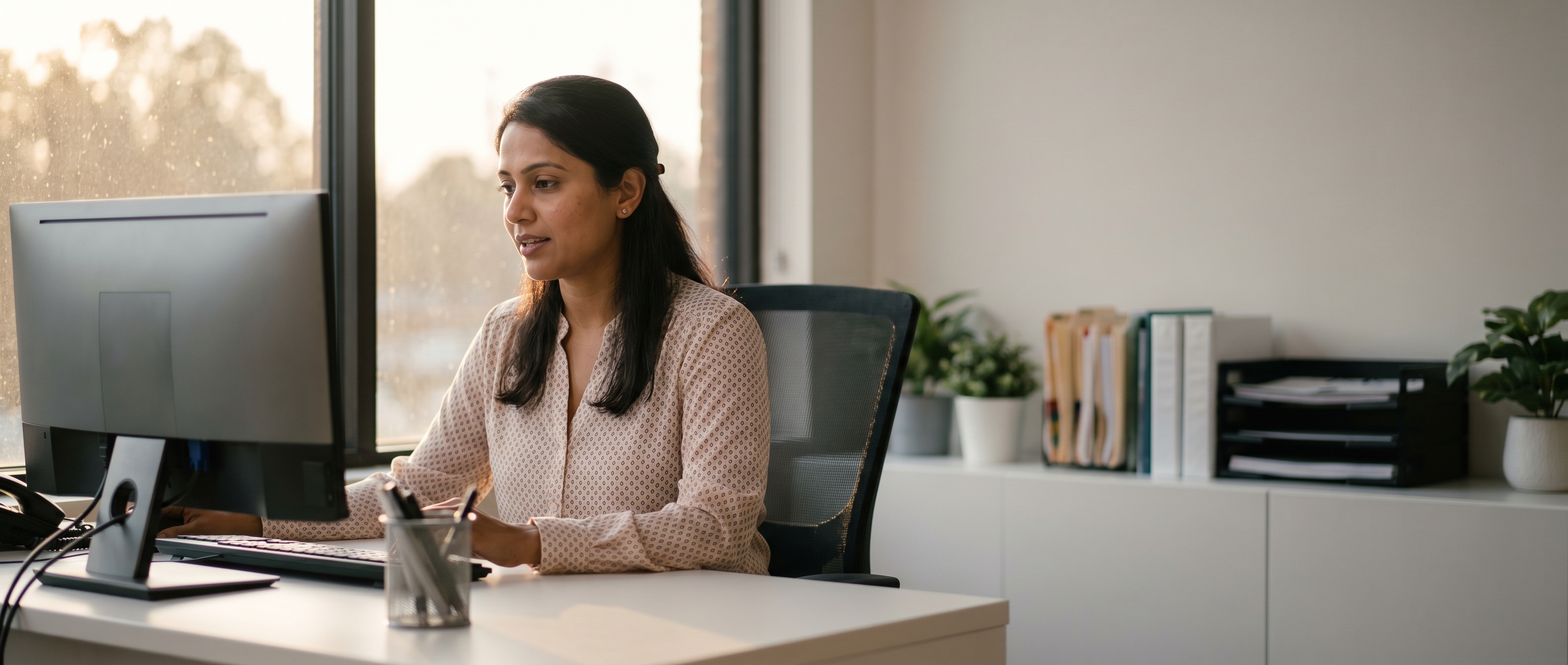 An Indian doctor using cloud-based speech recognition at a clinic workstation.