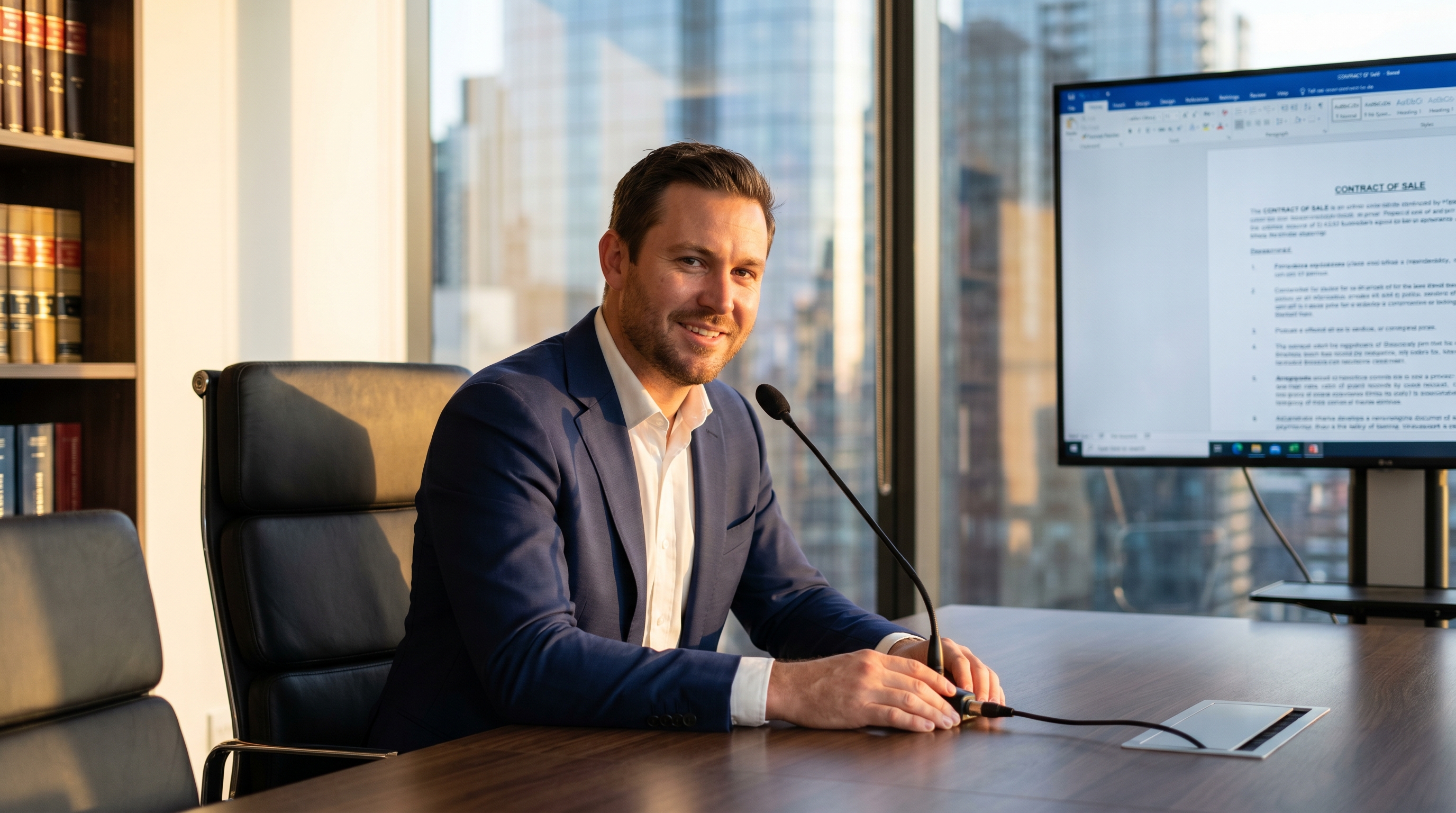 Australian lawyer dictating into Dragon Professional 16 at a city law firm desk