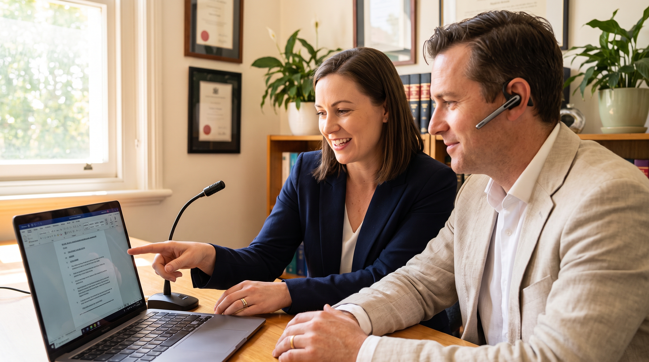 Two Australian legal professionals reviewing an AI-drafted legal document together on a laptop in a small law firm