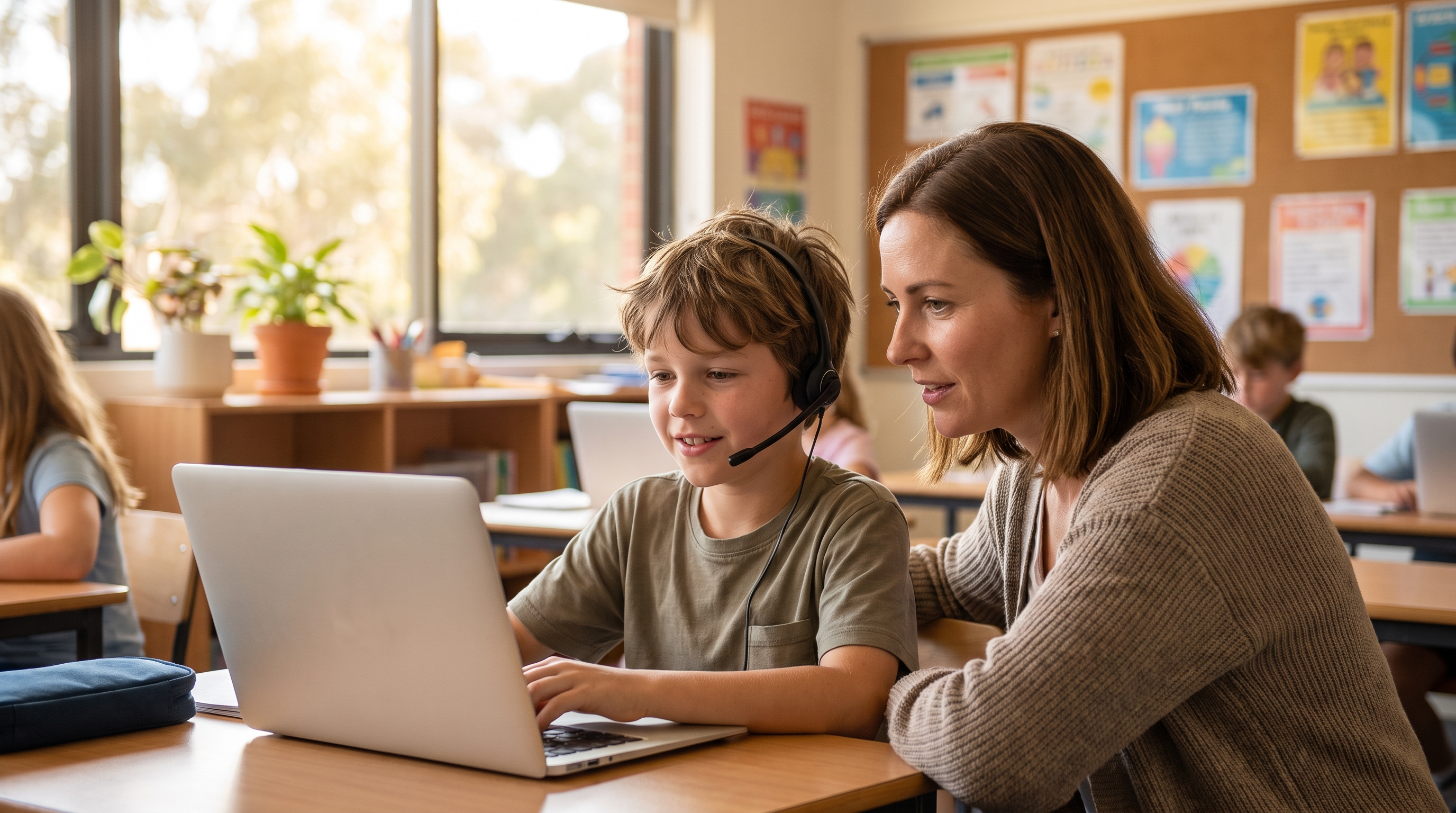 A teacher watching as a student dictates schoolwork into a laptop