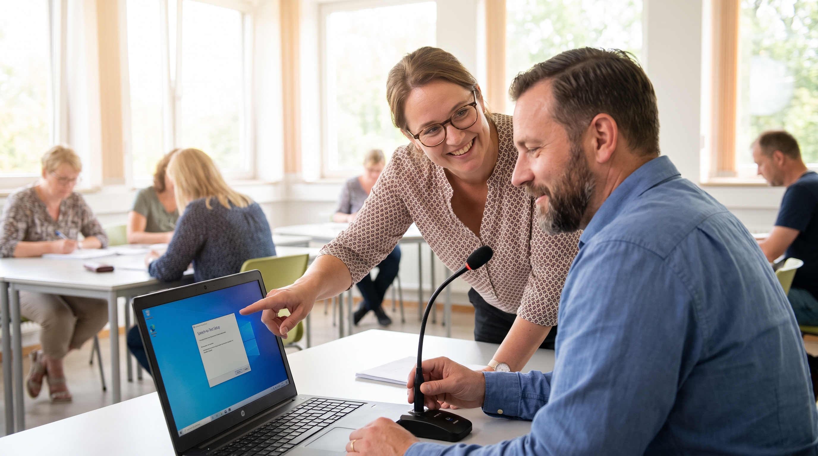 A learning support teacher helping a student set up speech-to-text software on a school laptop