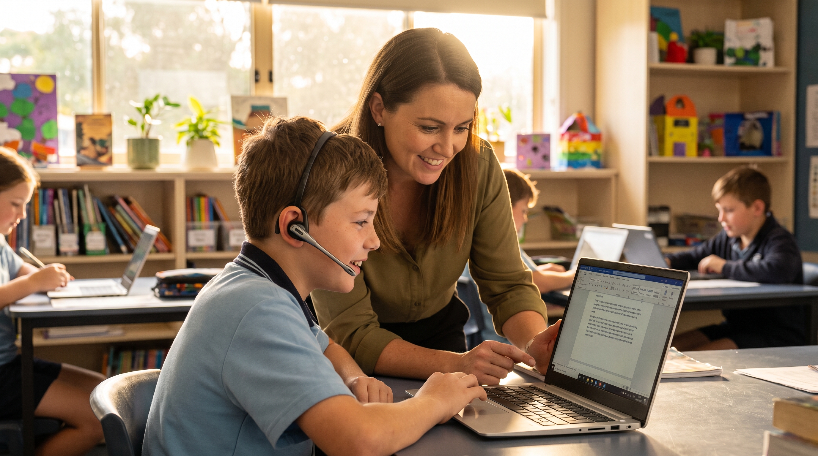 A learning support teacher and a young student reviewing dictated text together on a school laptop