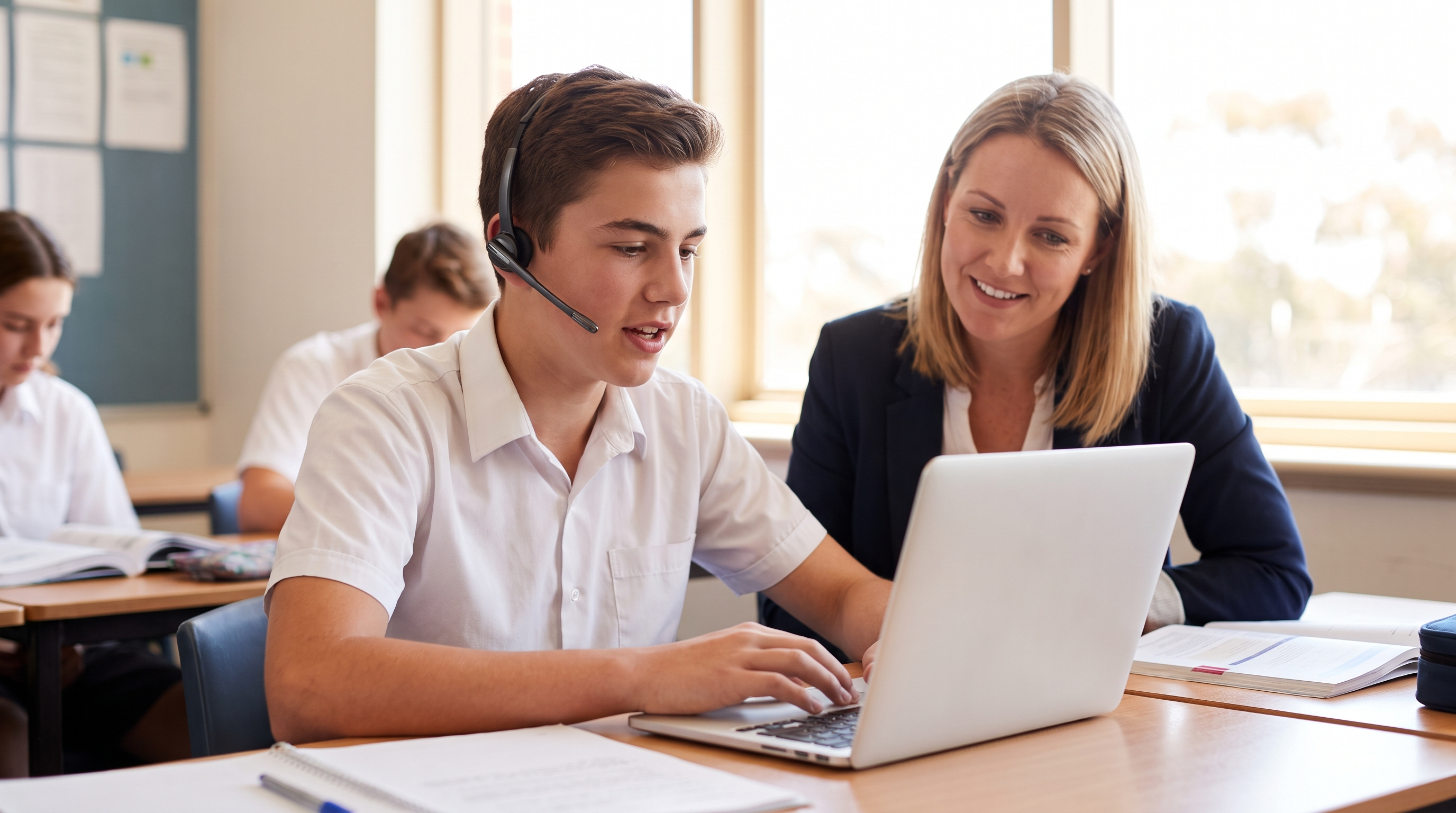 An Australian secondary student dictating an essay into a laptop with a slim headset while a learning support teacher looks on