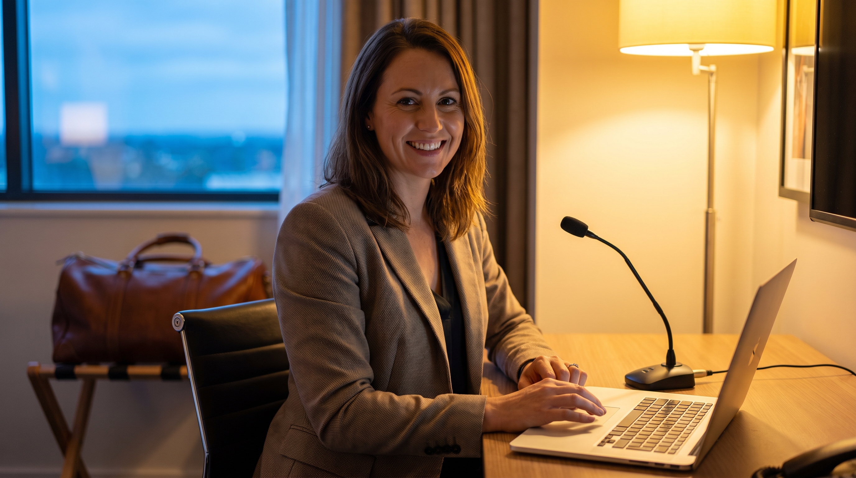 Compact travel microphone set up beside a laptop on a hotel desk