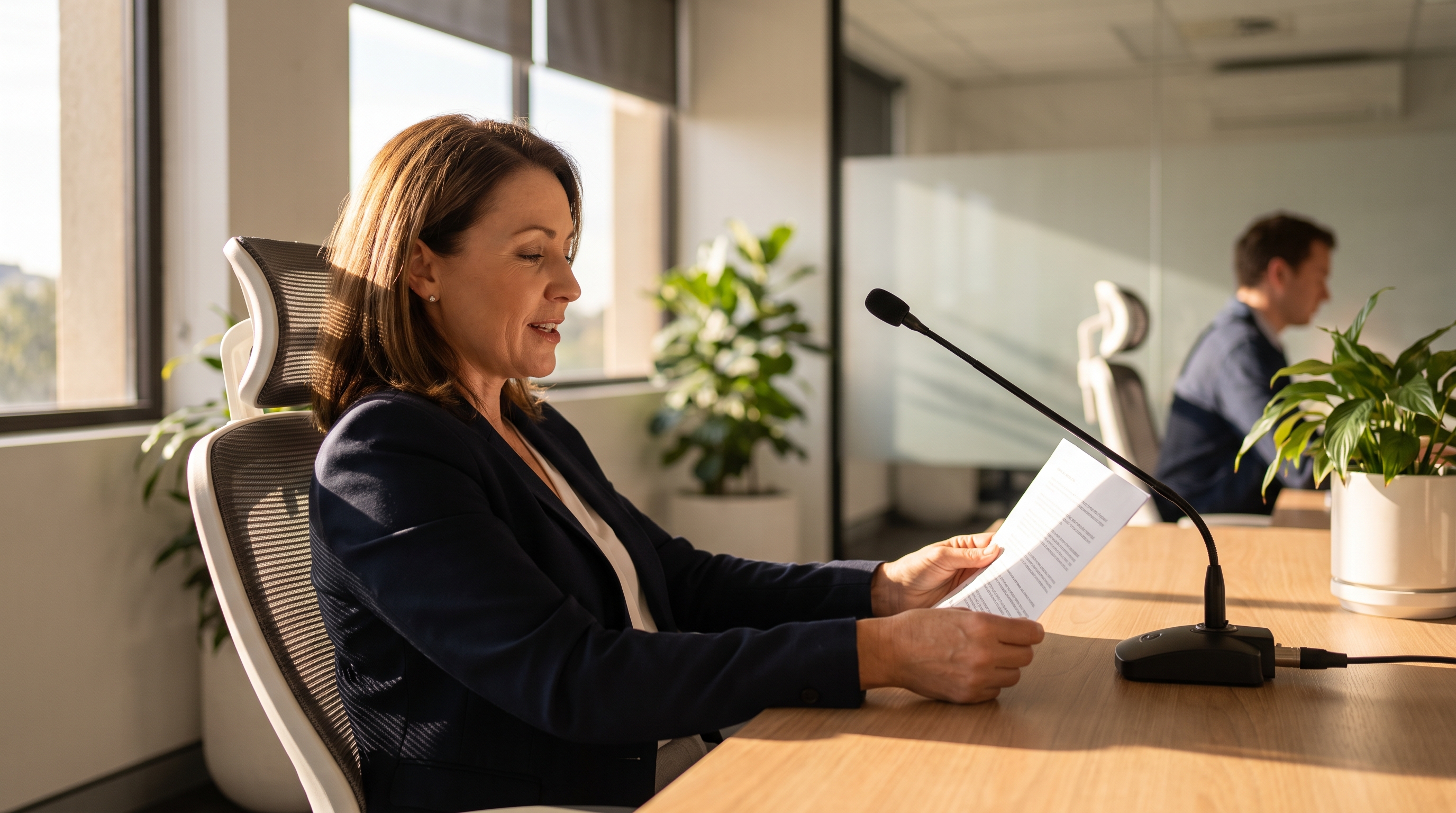 Australian professional dictating hands-free into a desktop microphone while reviewing documents