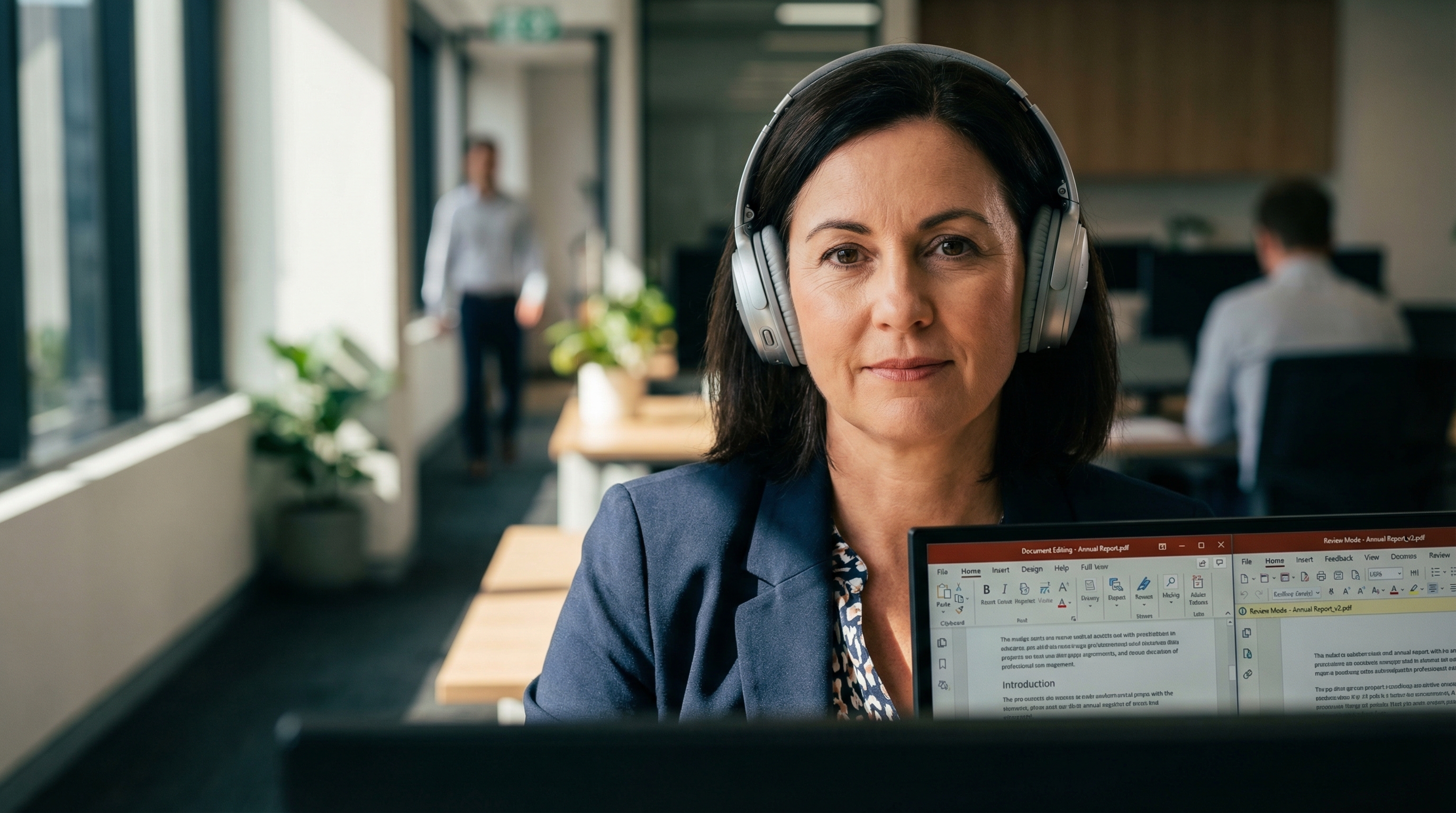 Comparison of PDF editing software interfaces on dual monitors in an Australian office