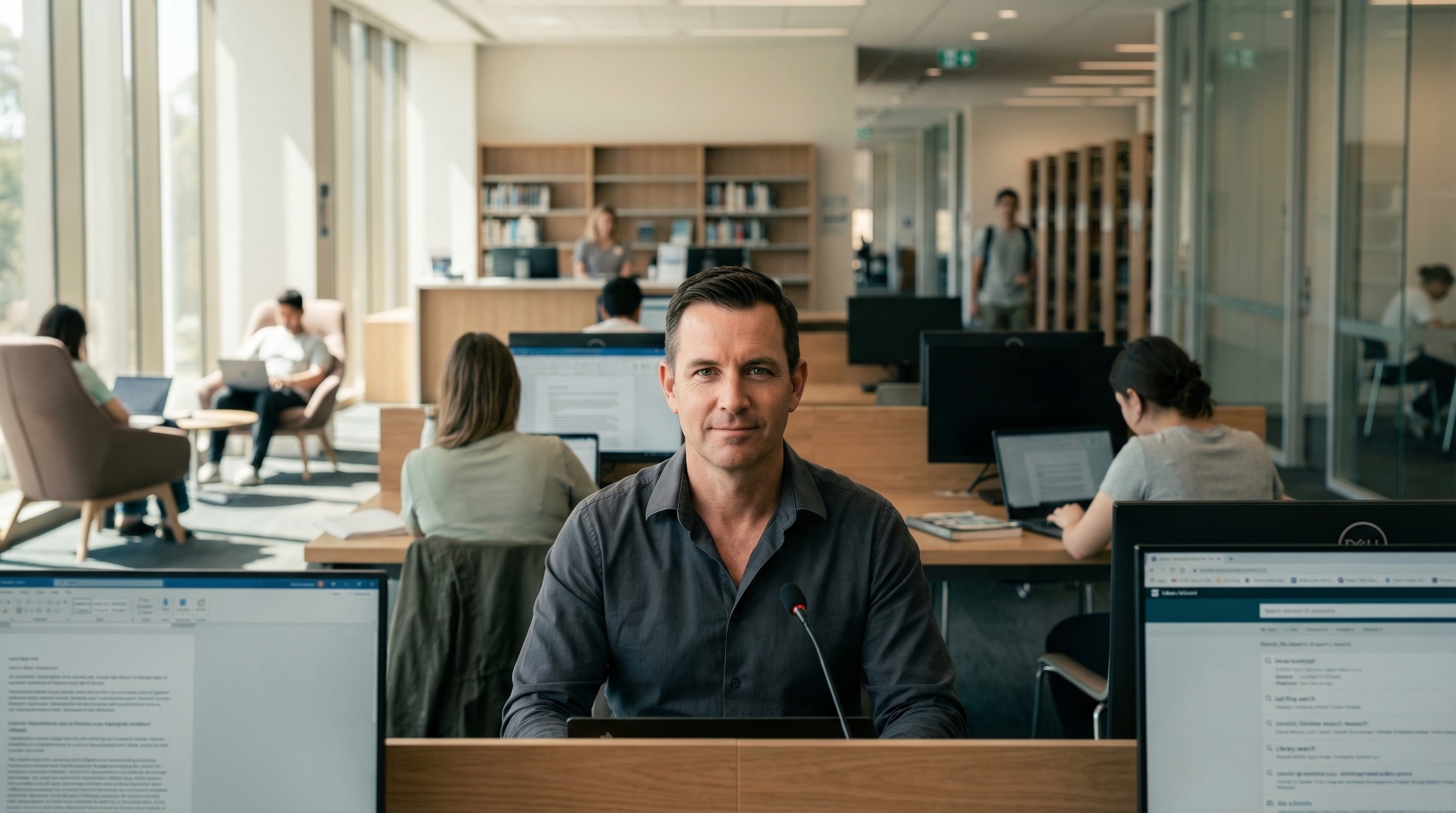 Australian university library with students working on laptops