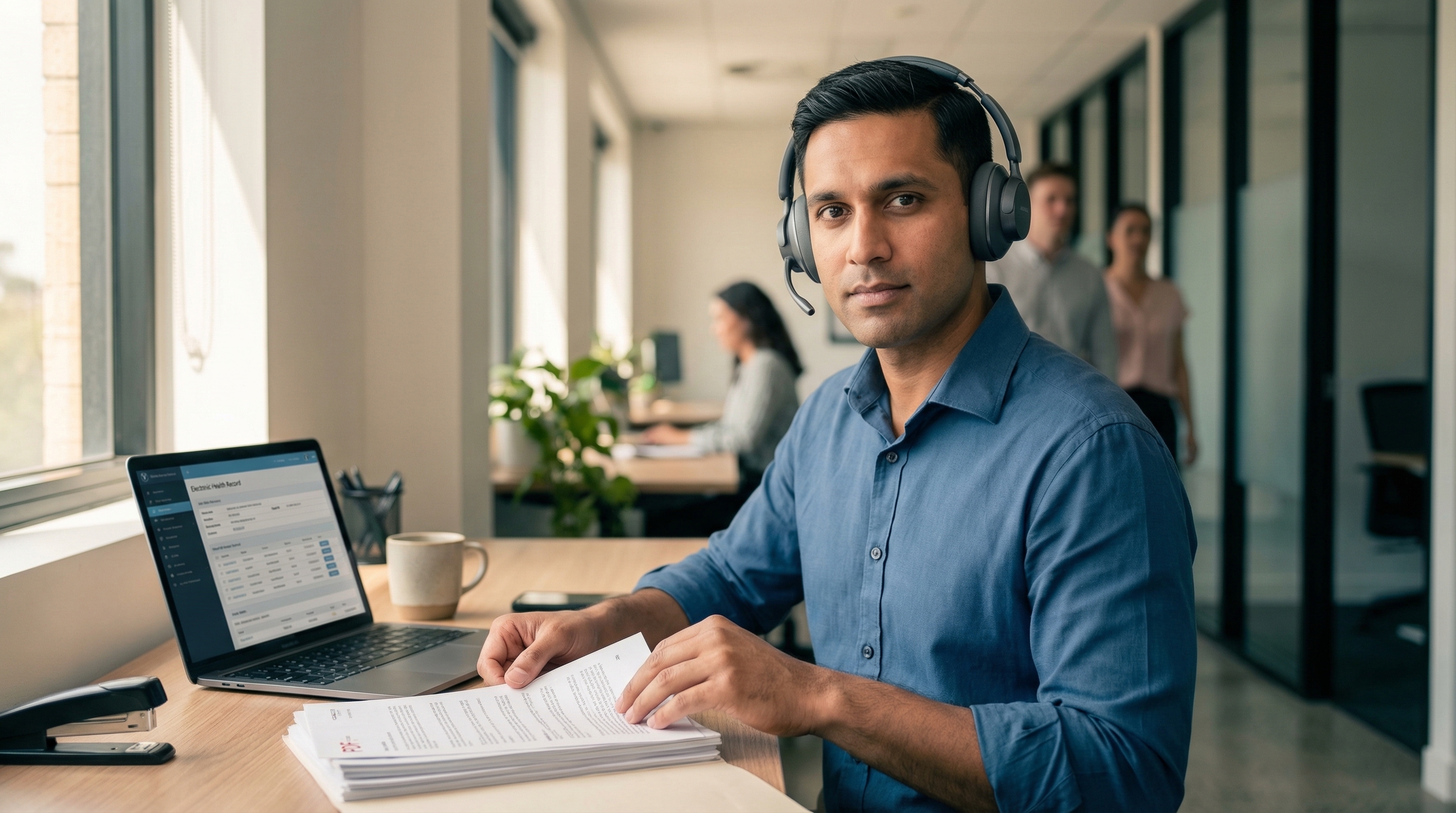 Multiple PDF documents being combined into a single organised stack on an office desk