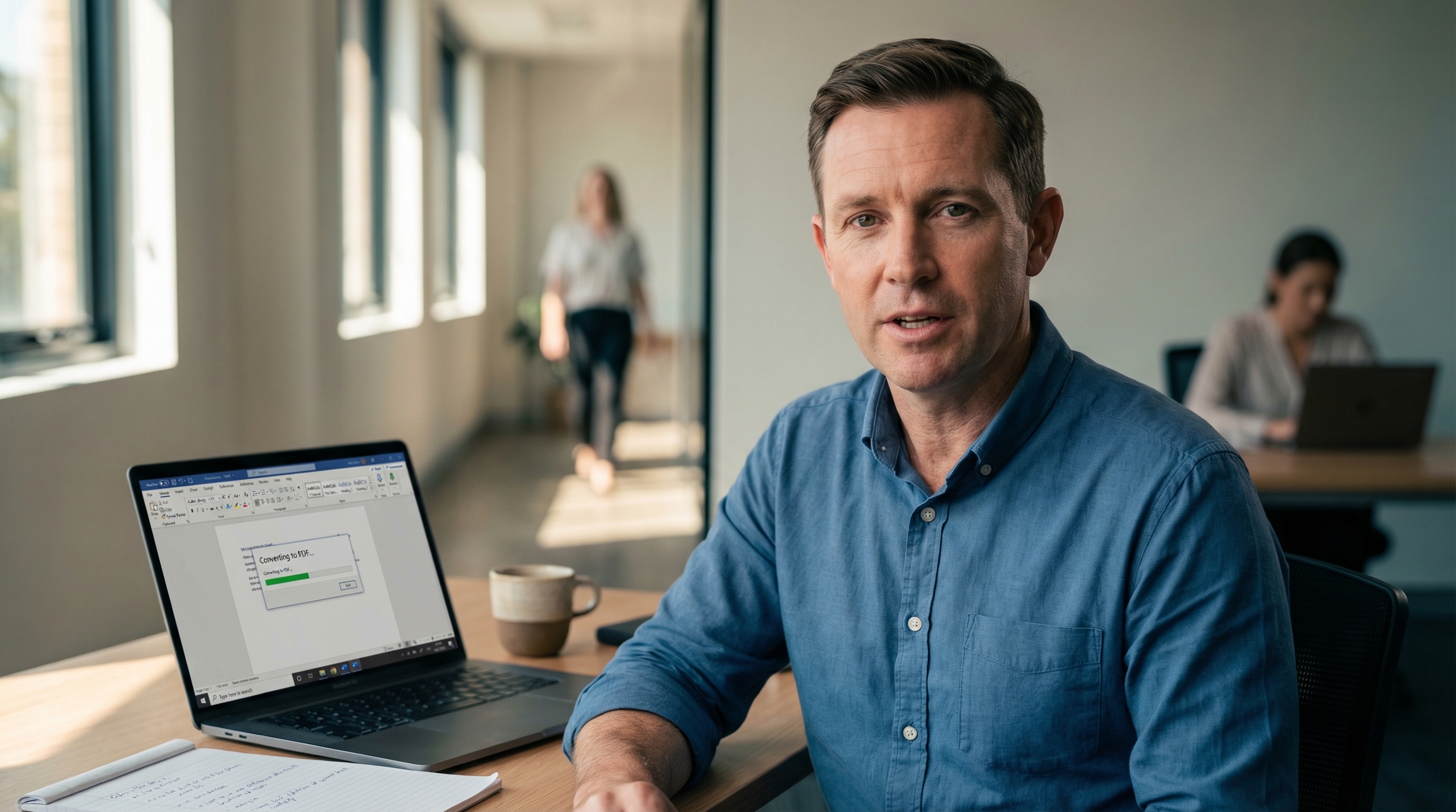 Laptop screen showing a document being converted from Word to PDF format