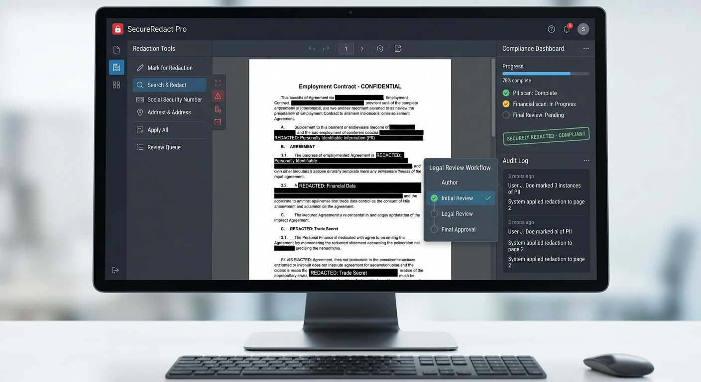 PDF document redaction interface screen sensitive information securely redacted compliance legal document