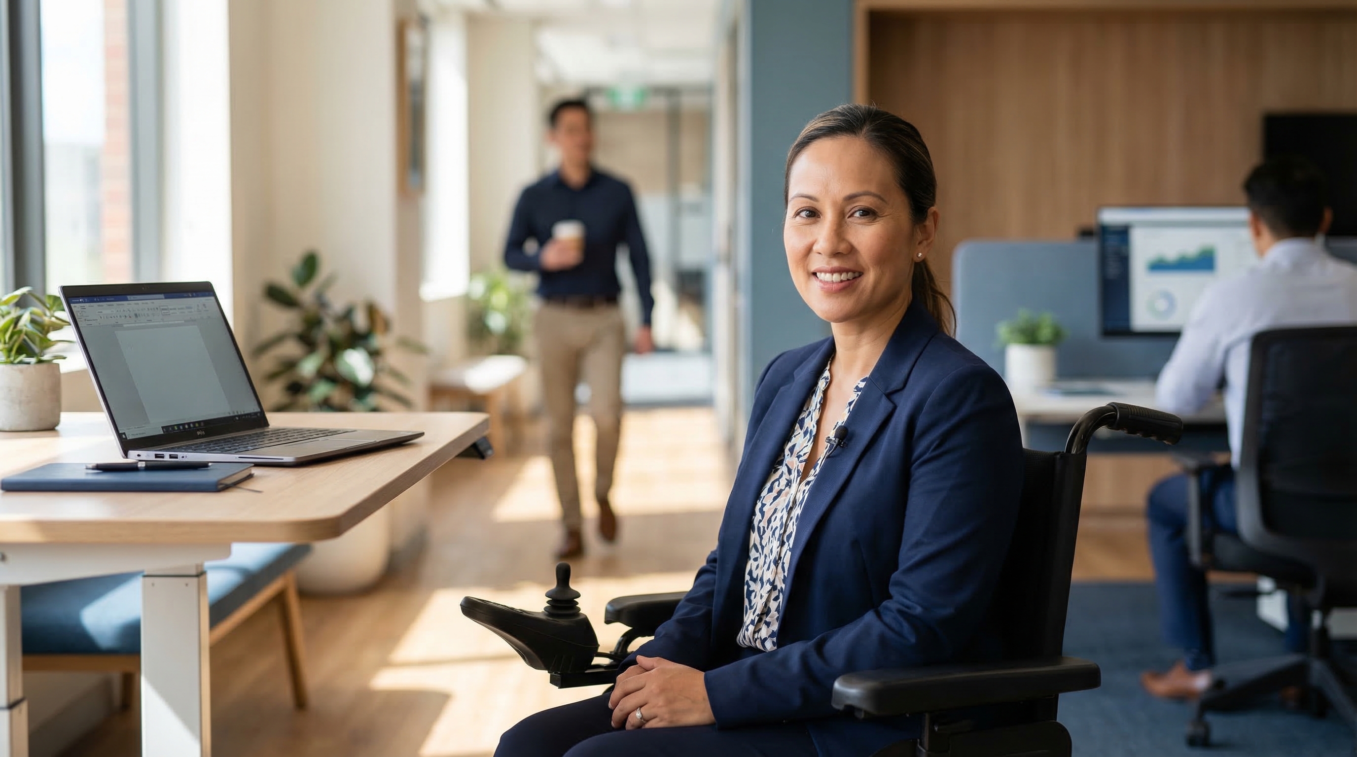 Female professional in wheelchair using voice dictation at a modern accessible workstation