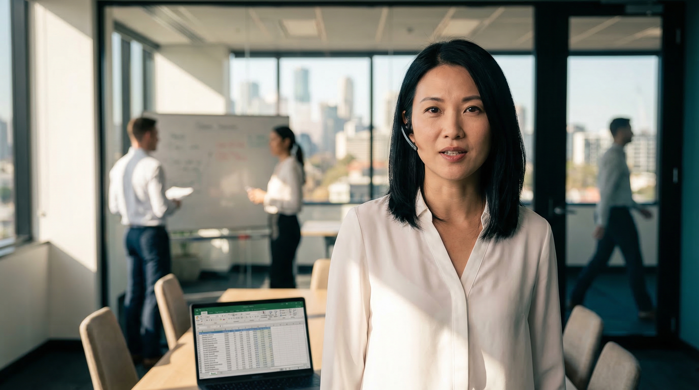 Female business executive dictating in a modern meeting room with city skyline