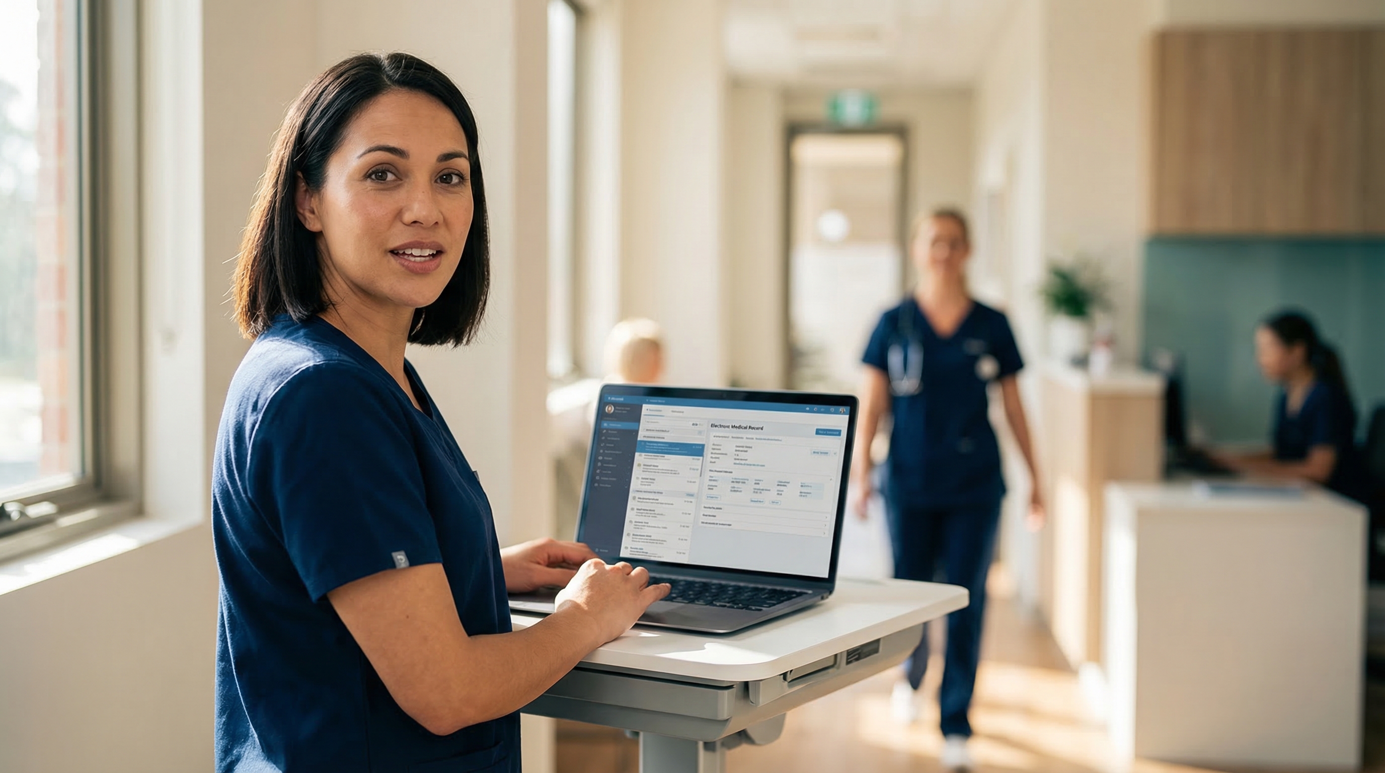 Female GP dictating clinical notes at a modern Australian medical practice workstation