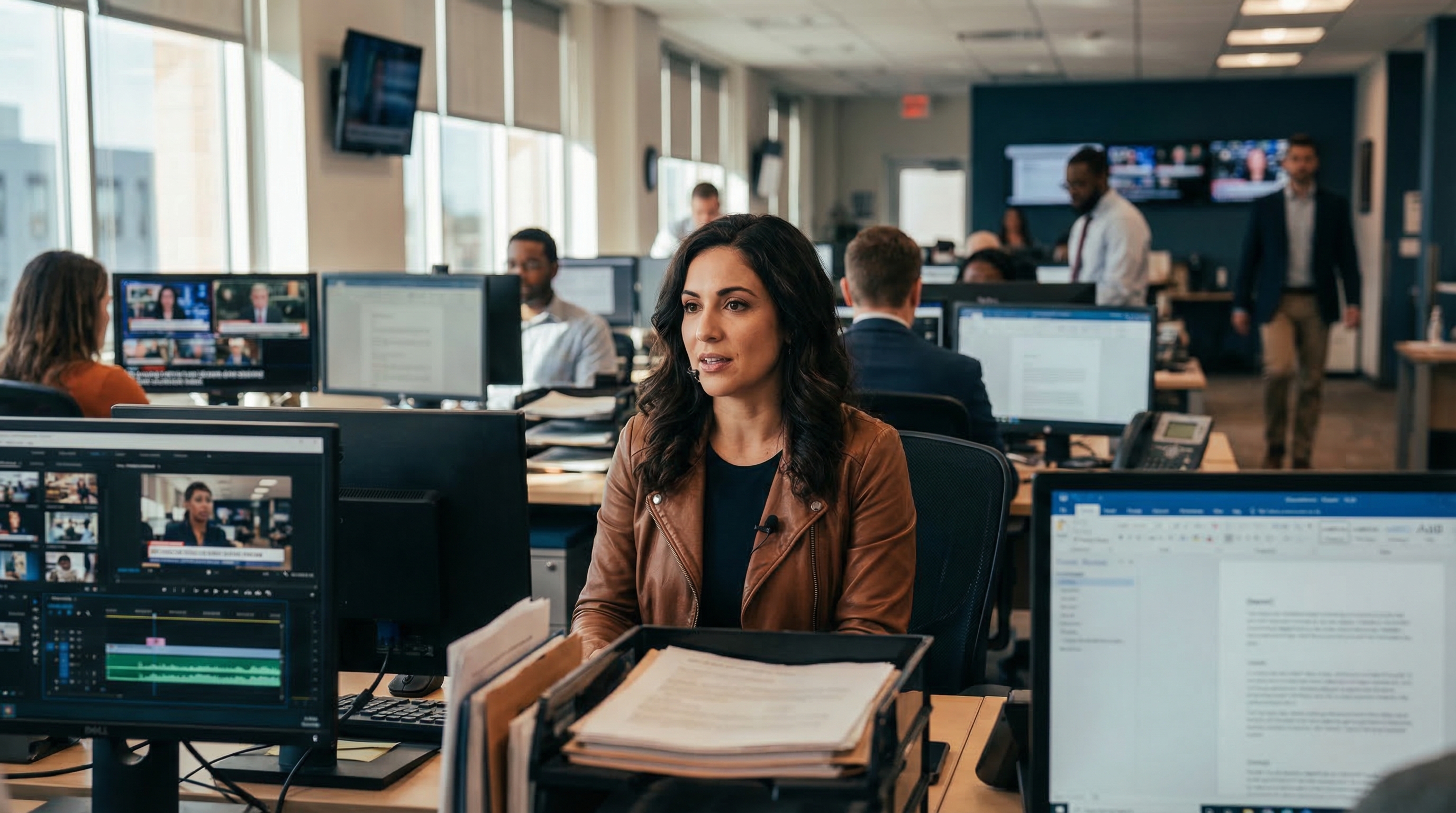 Female journalist dictating an article in a busy modern newsroom