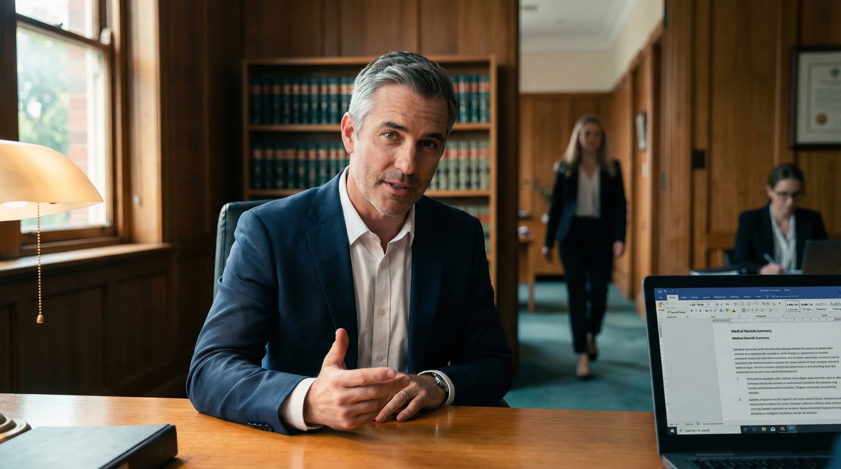 Male lawyer dictating case notes in an Australian law office with bookshelves