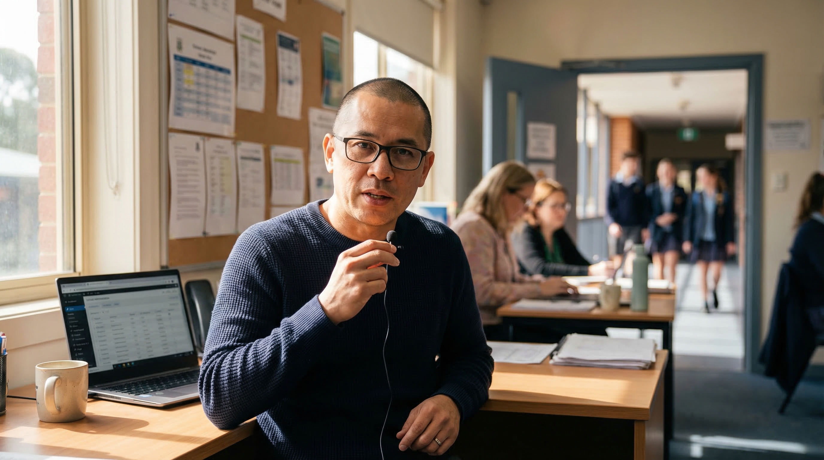 Male teacher dictating lesson plans at his desk in an Australian school staff room
