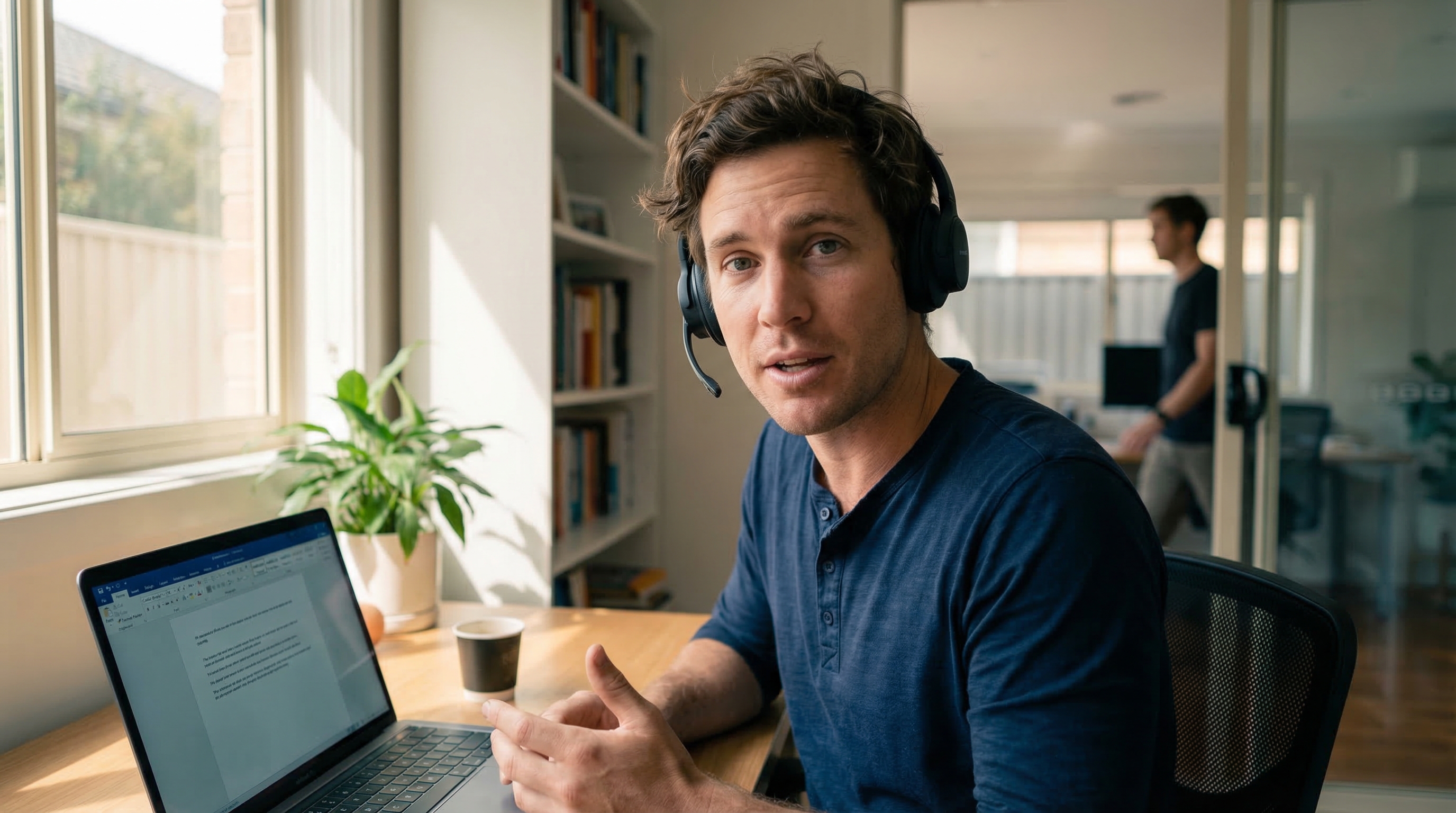 Male writer dictating creative work in a cosy home office with bookshelves and morning light