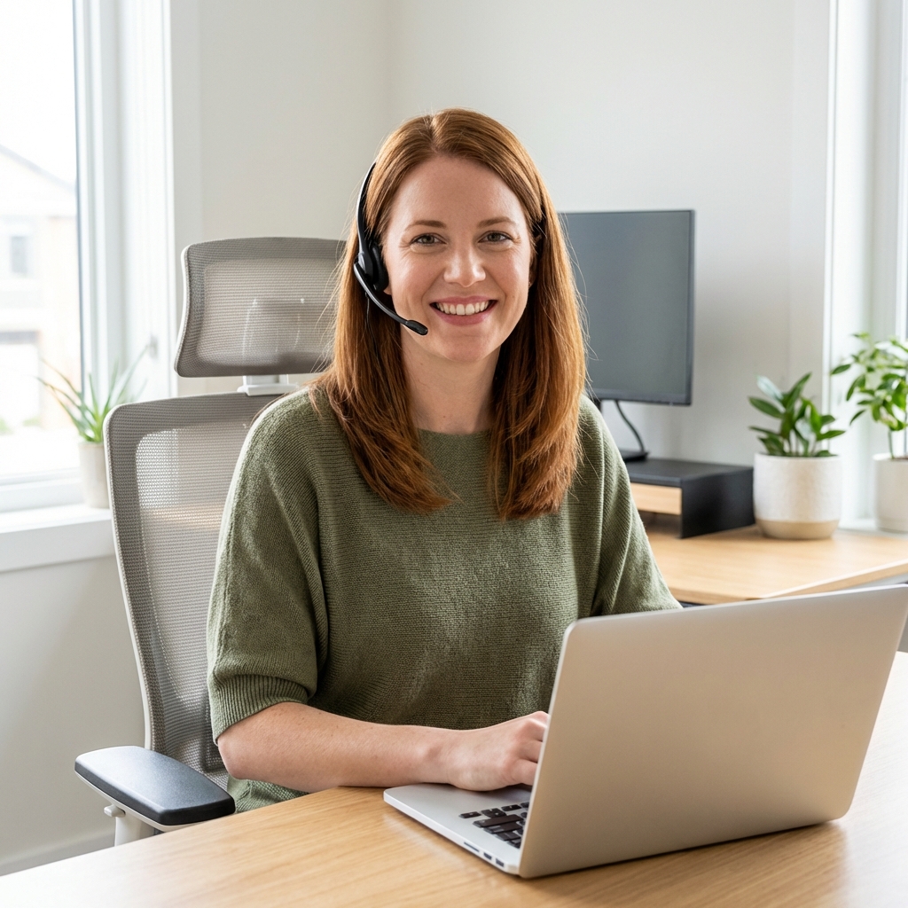 Professional using voice dictation with a headset at an ergonomic home office workstation