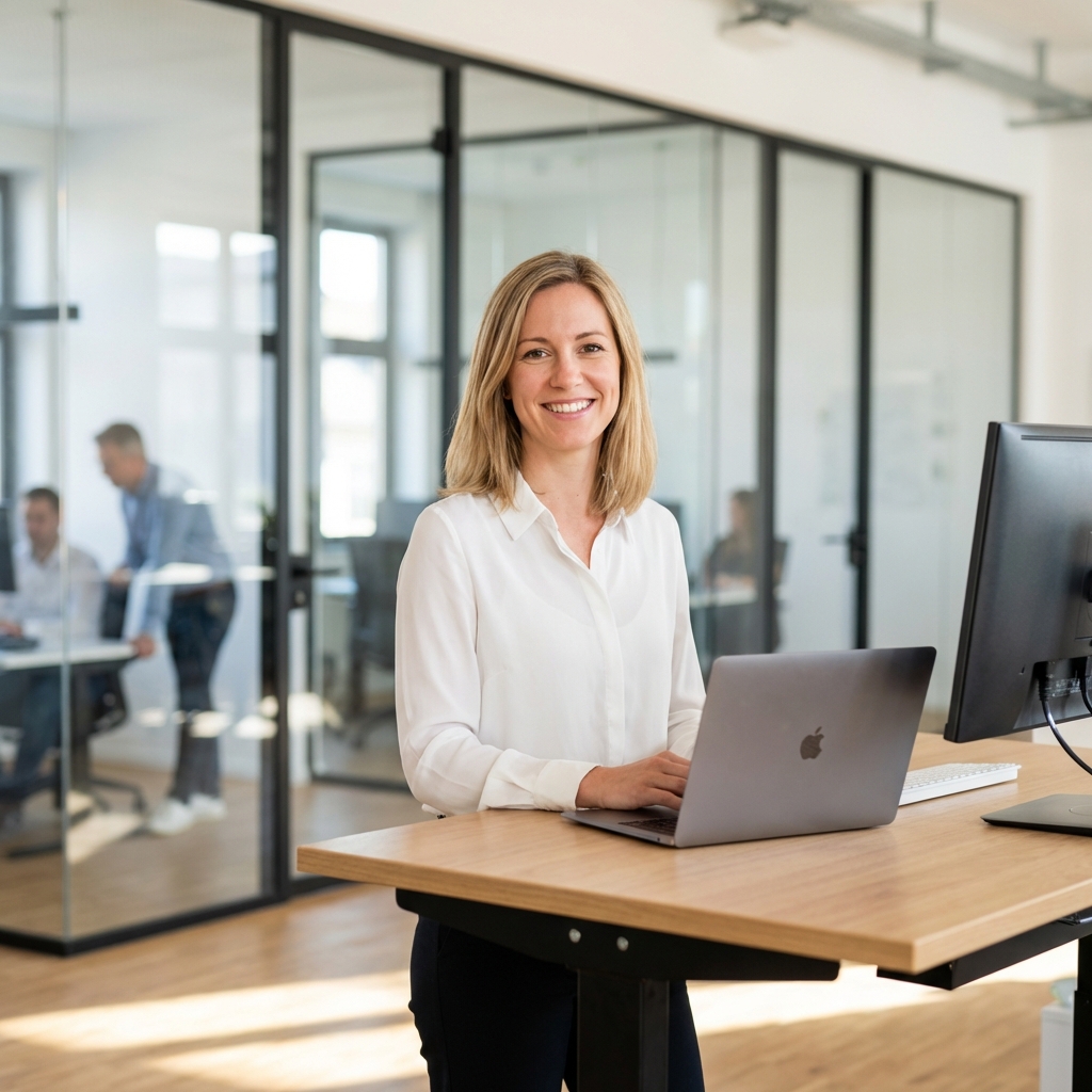 Business professional using voice dictation at a modern office standing desk