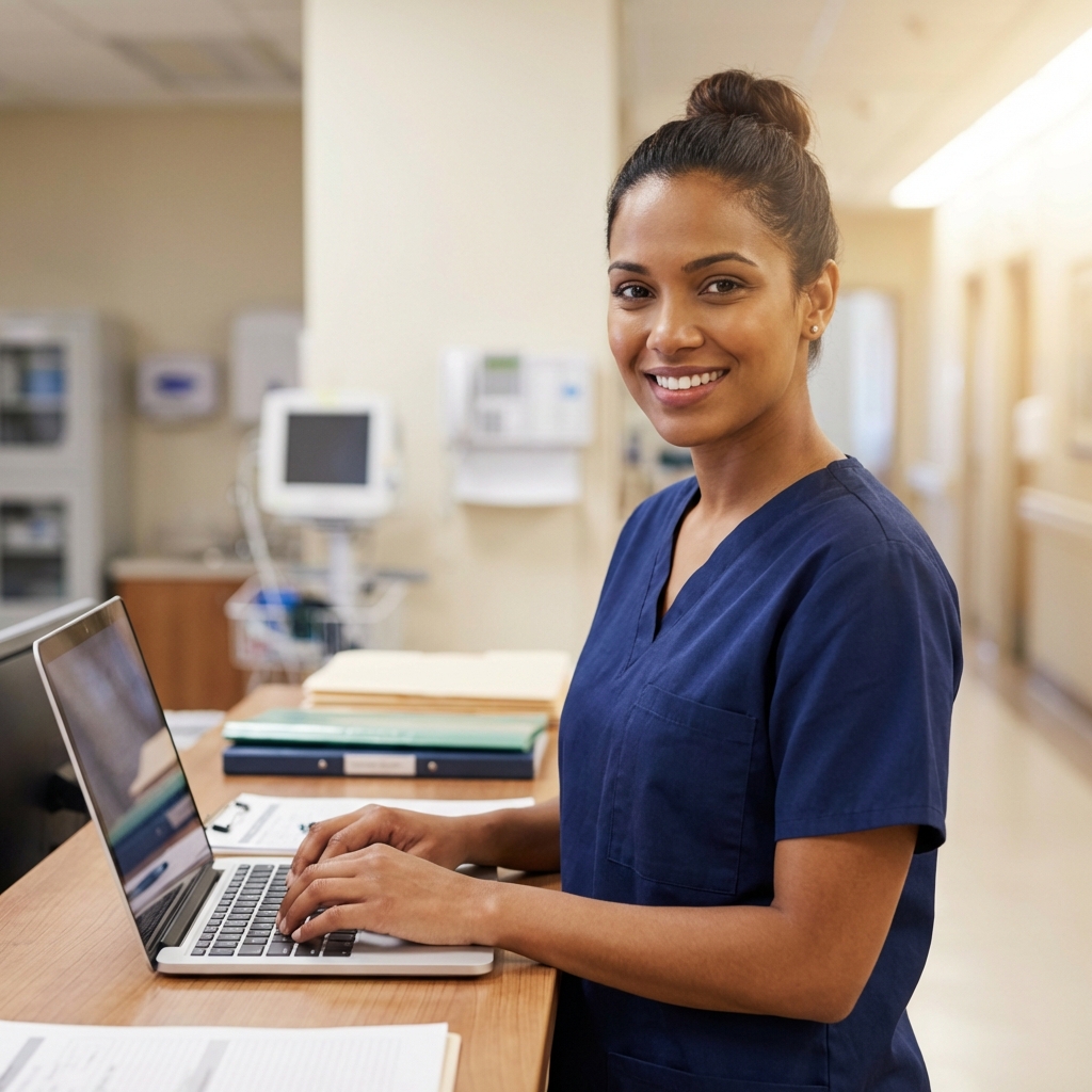 Healthcare worker using voice dictation at a hospital nursing station