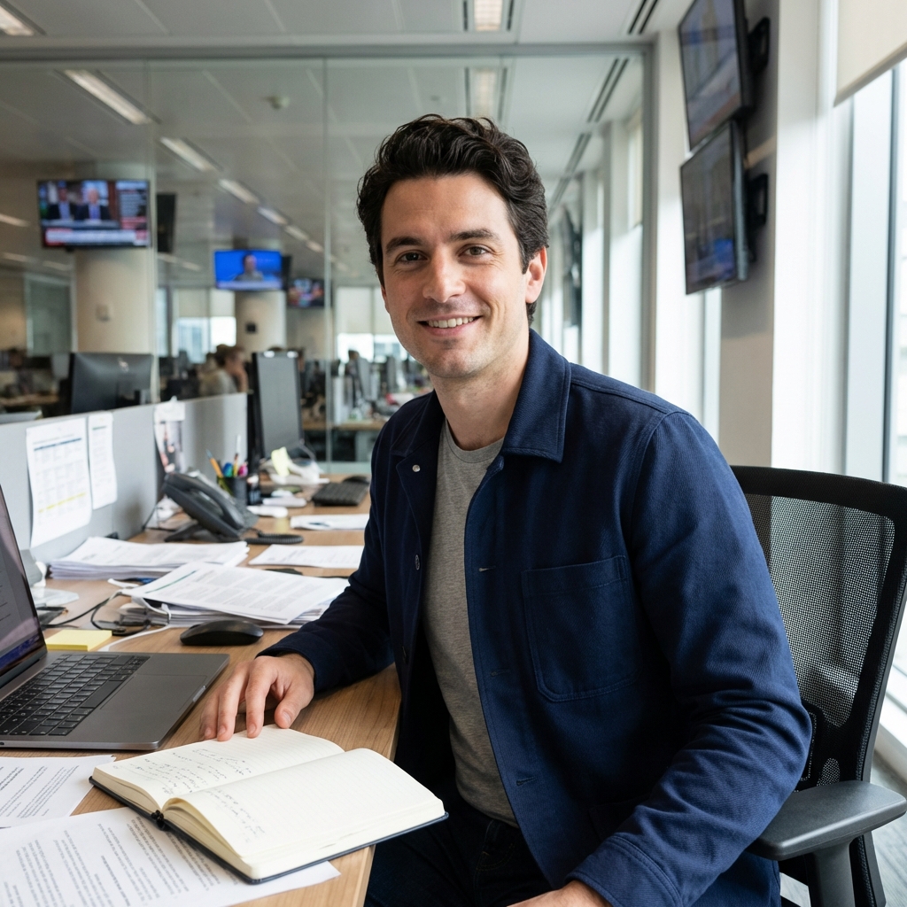 Journalist using voice dictation to draft articles in a modern newsroom