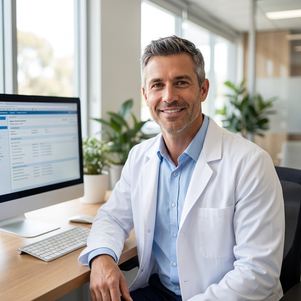 Doctor using voice dictation software for clinical notes in an Australian medical practice