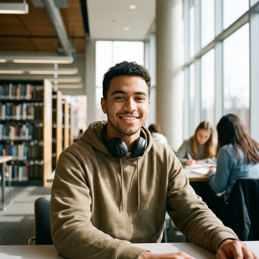 University student using voice dictation in a modern campus library