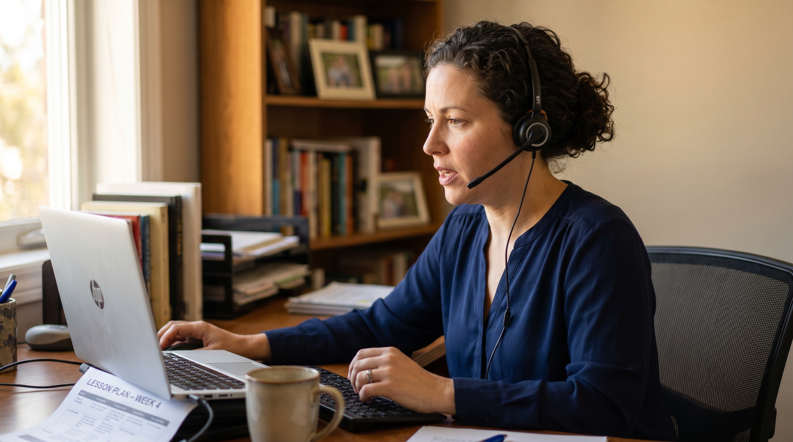 Female teacher in her early forties at her home-office desk, wearing a USB headset, mid-sentence as she dictates notes into her laptop, with bookshelves softly out of focus behind her
