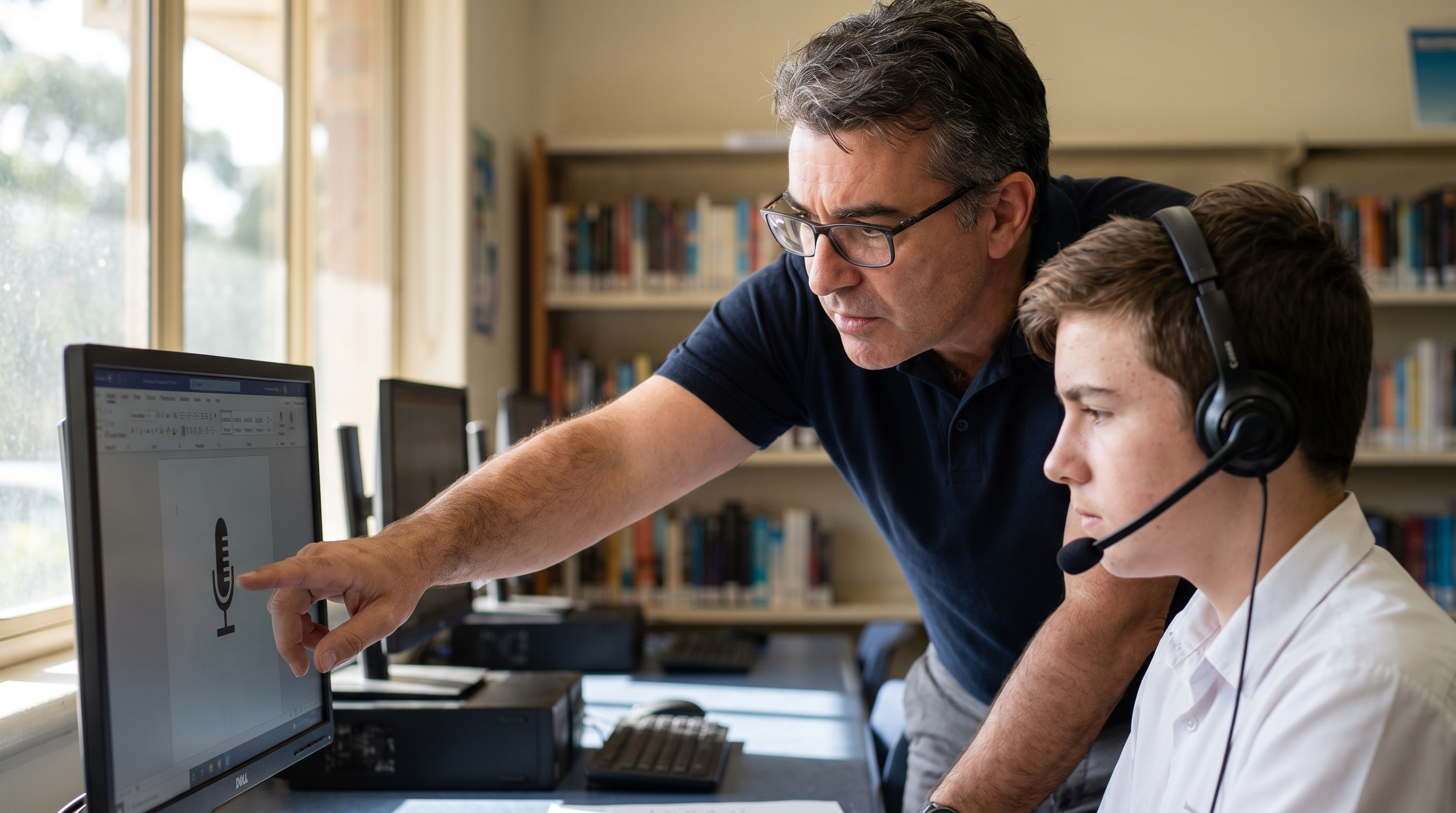 Secondary teacher leaning over to help a student who is wearing a USB headset and using voice dictation as a learning accommodation
