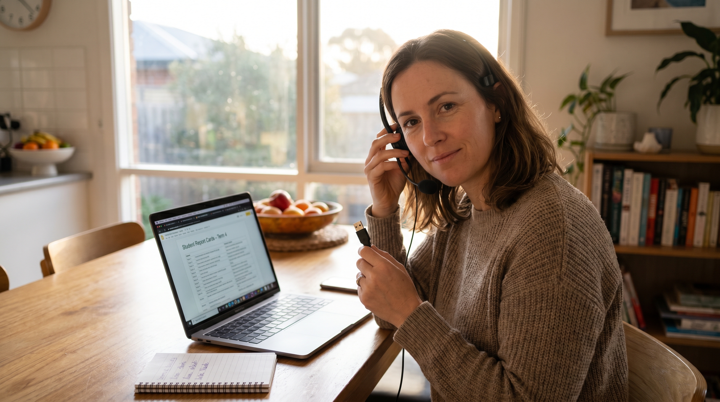 Primary teacher at a kitchen table in the late afternoon, laptop open to a report-card template, holding a USB headset, about to begin a session of voice dictation