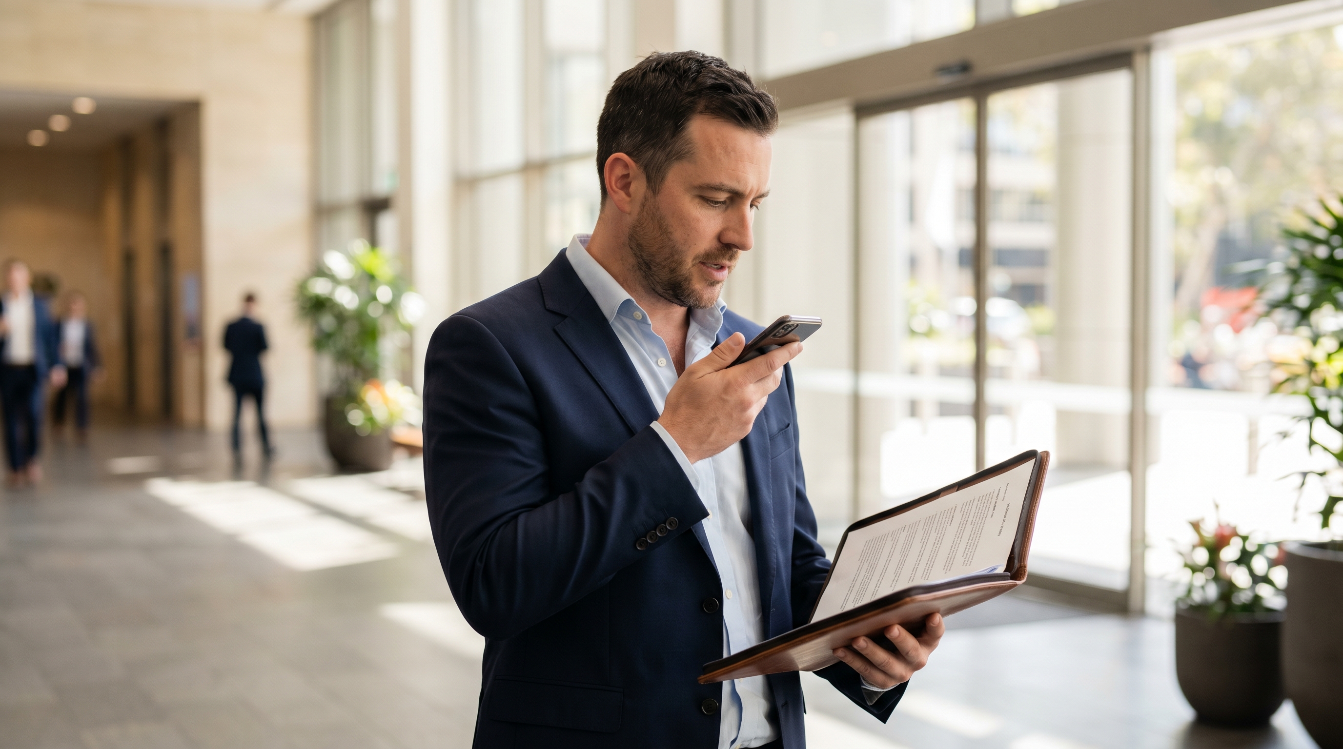 Australian management consultant using his smartphone as a wireless microphone to dictate a meeting follow-up in a corporate lobby between client meetings
