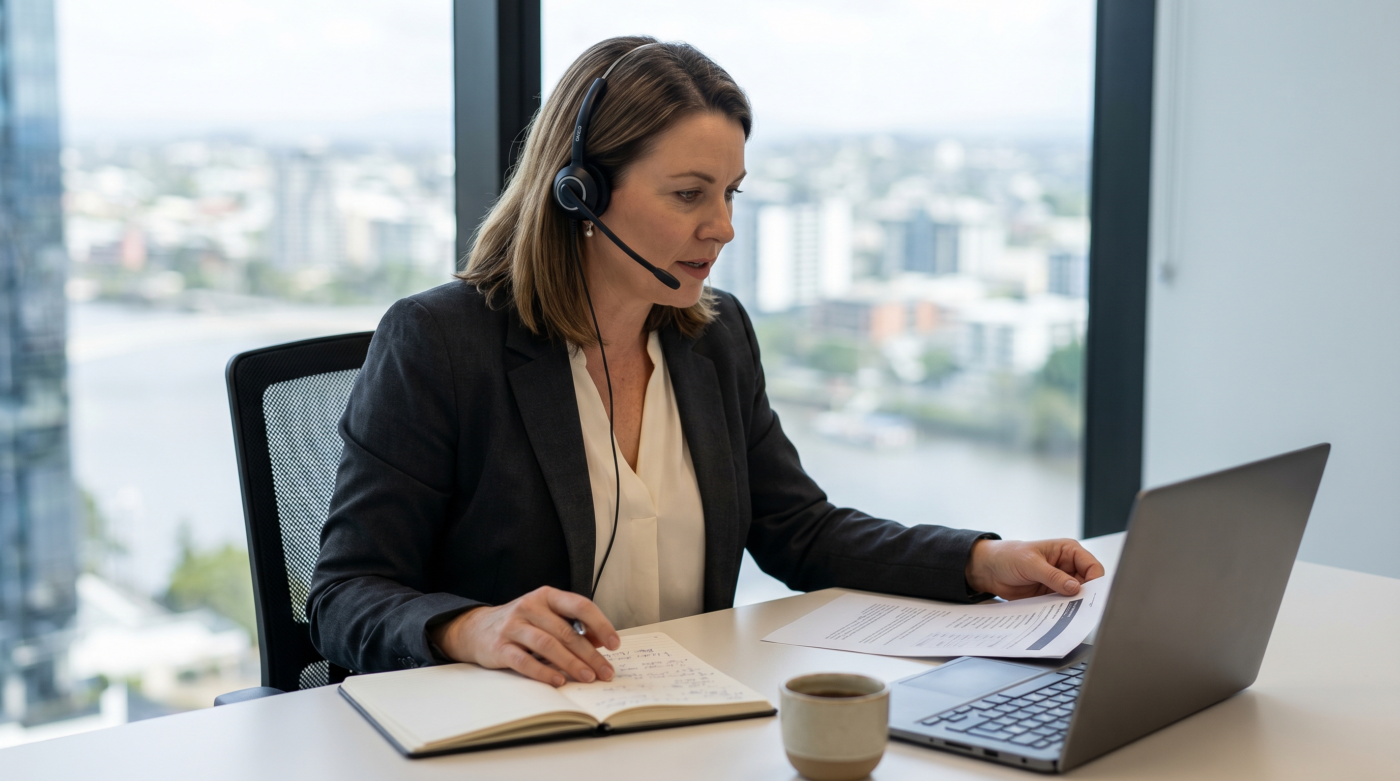 Australian business executive dictating an email at her desk in a CBD high-rise office
