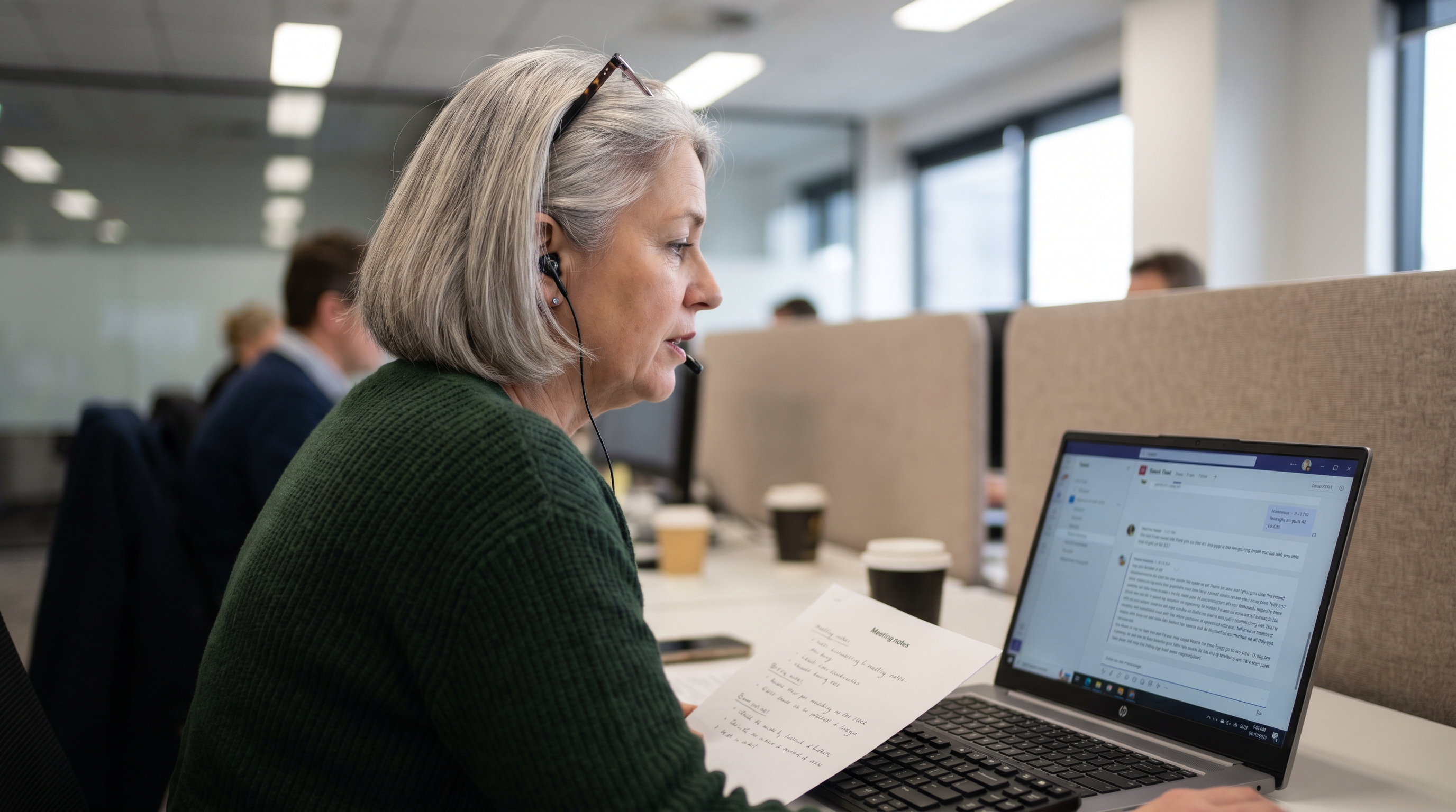 Australian operations manager in her mid-fifties dictating a long message into a team chat application from a hot-desk in a professional services office
