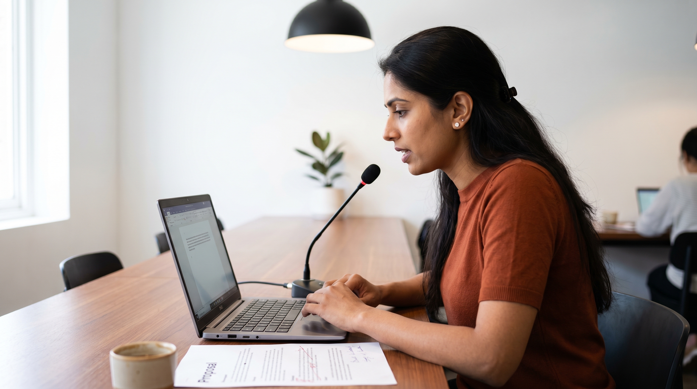 Australian female business owner dictating a proposal at a co-working space desk, working from a printed draft