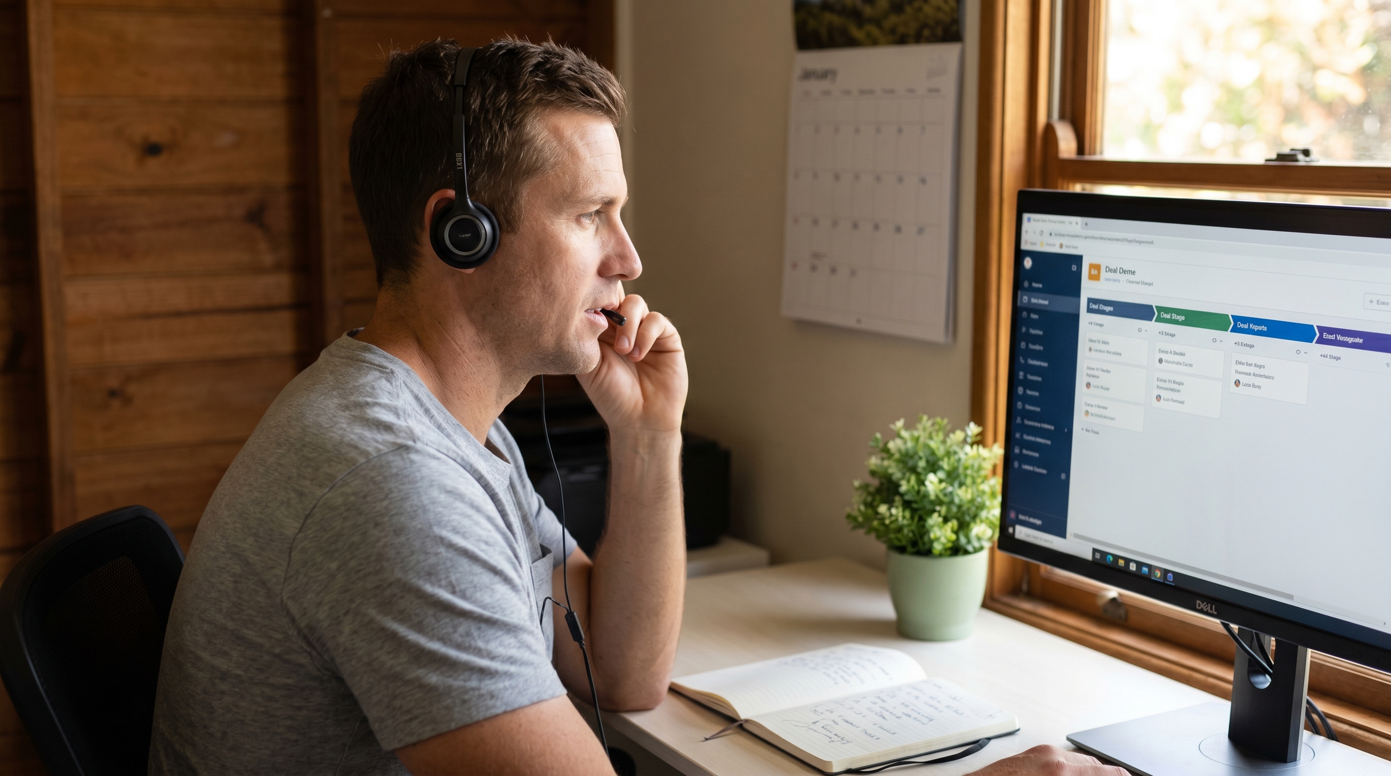 Australian male sales account manager dictating a CRM follow-up note from his home office using a USB headset