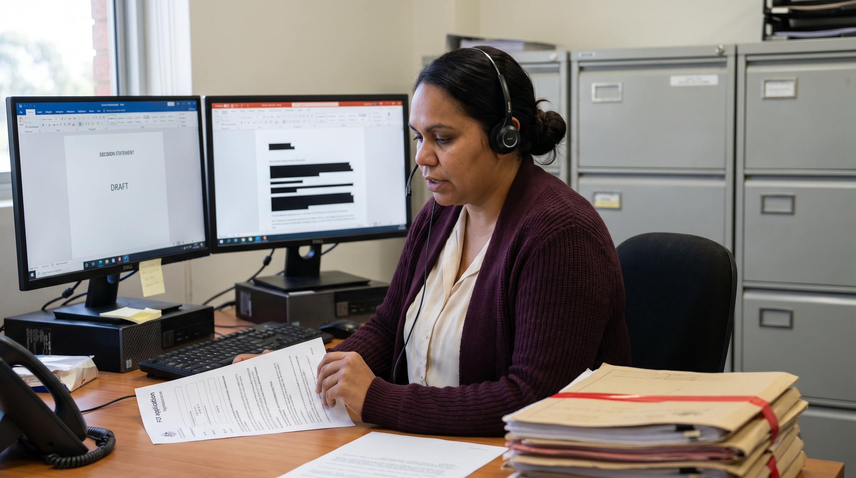 Australian Freedom of Information officer dictating a decision statement on dual monitors with a printed FOI application open on the desk