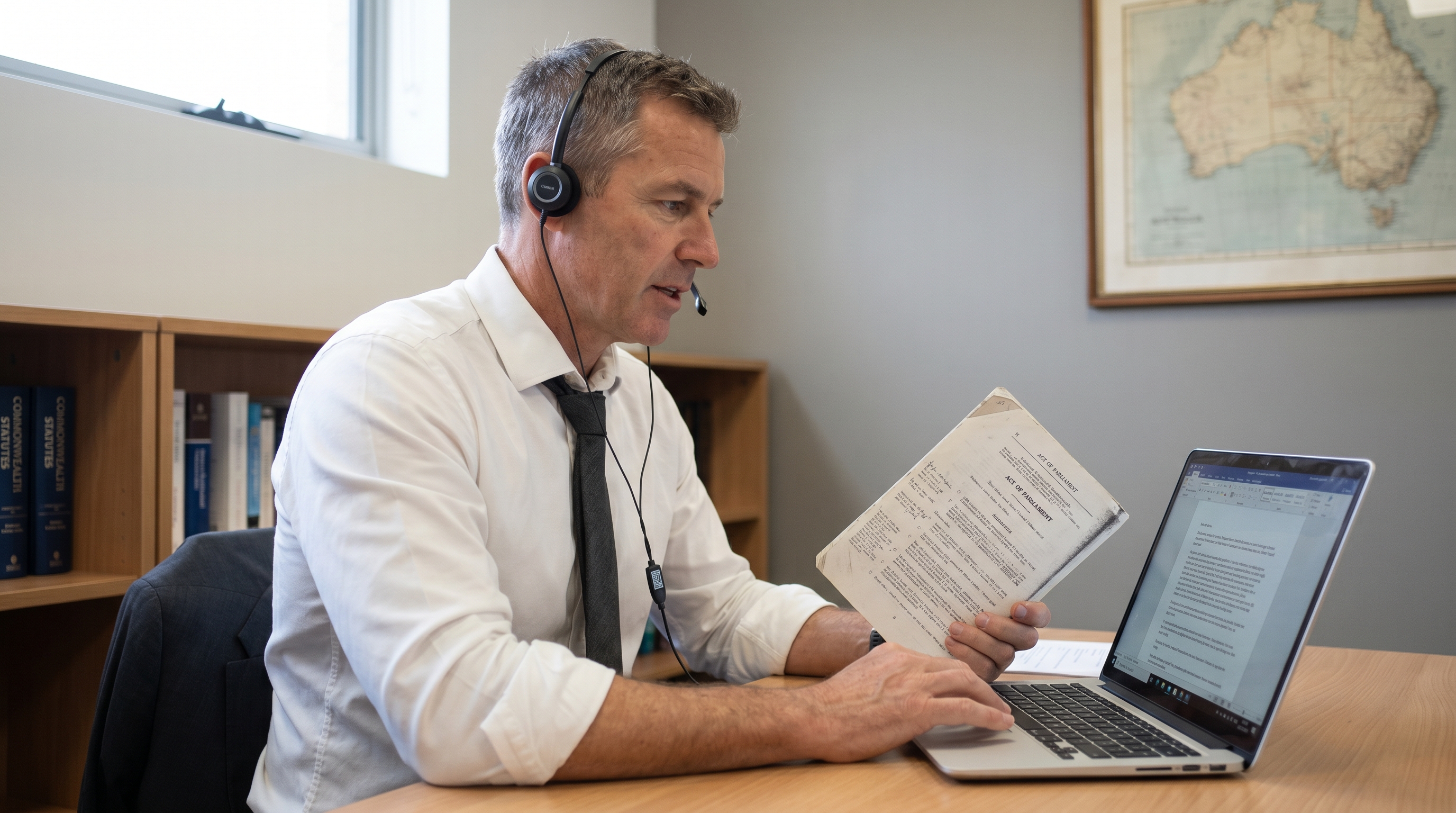 Government lawyer in a Commonwealth department dictating legal advice from a marked-up Act of Parliament