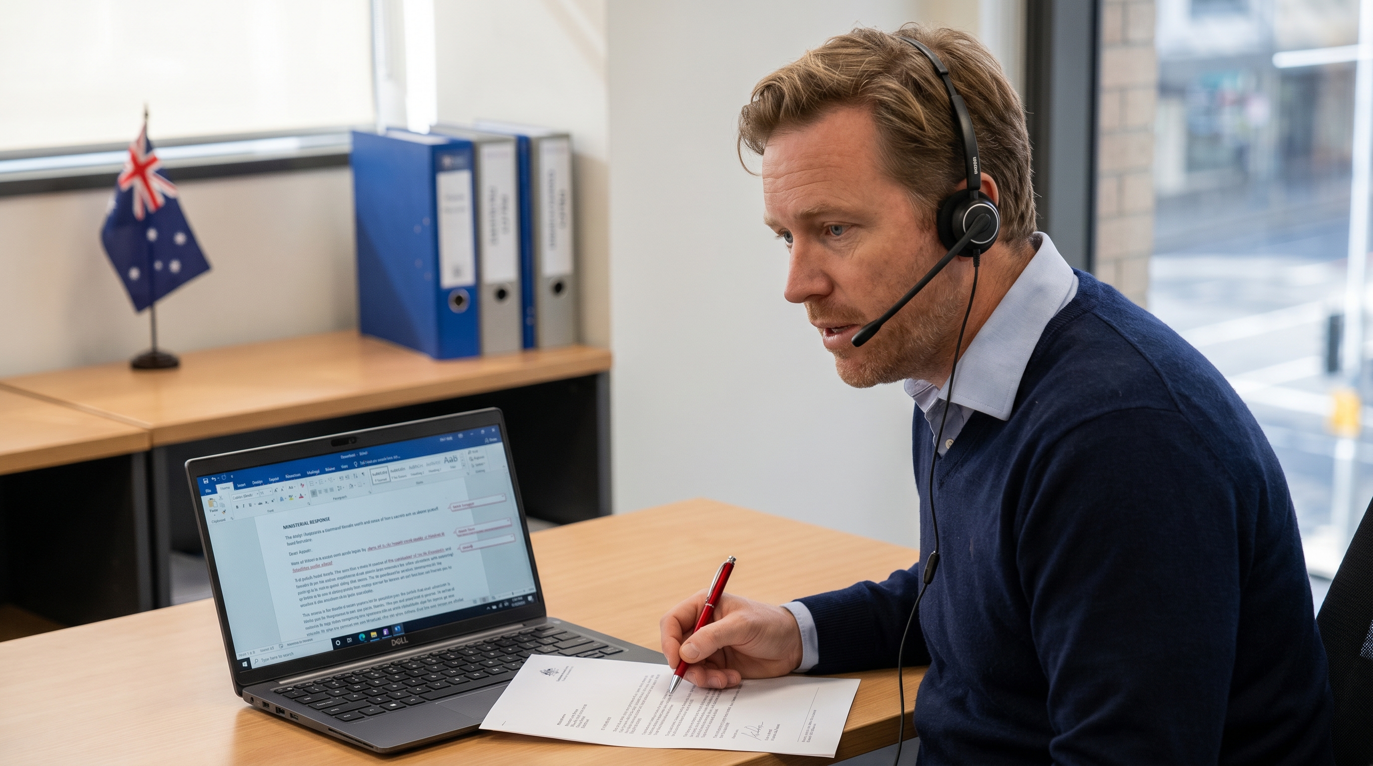 Australian state government ministerial correspondence officer dictating a response to a constituent letter using a USB headset