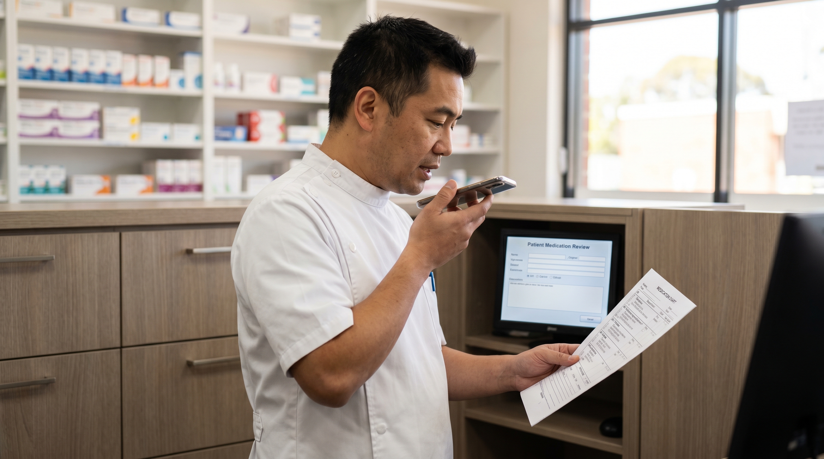 Community pharmacist using his smartphone as a wireless microphone to dictate a medication review at the consulting bench in a suburban pharmacy