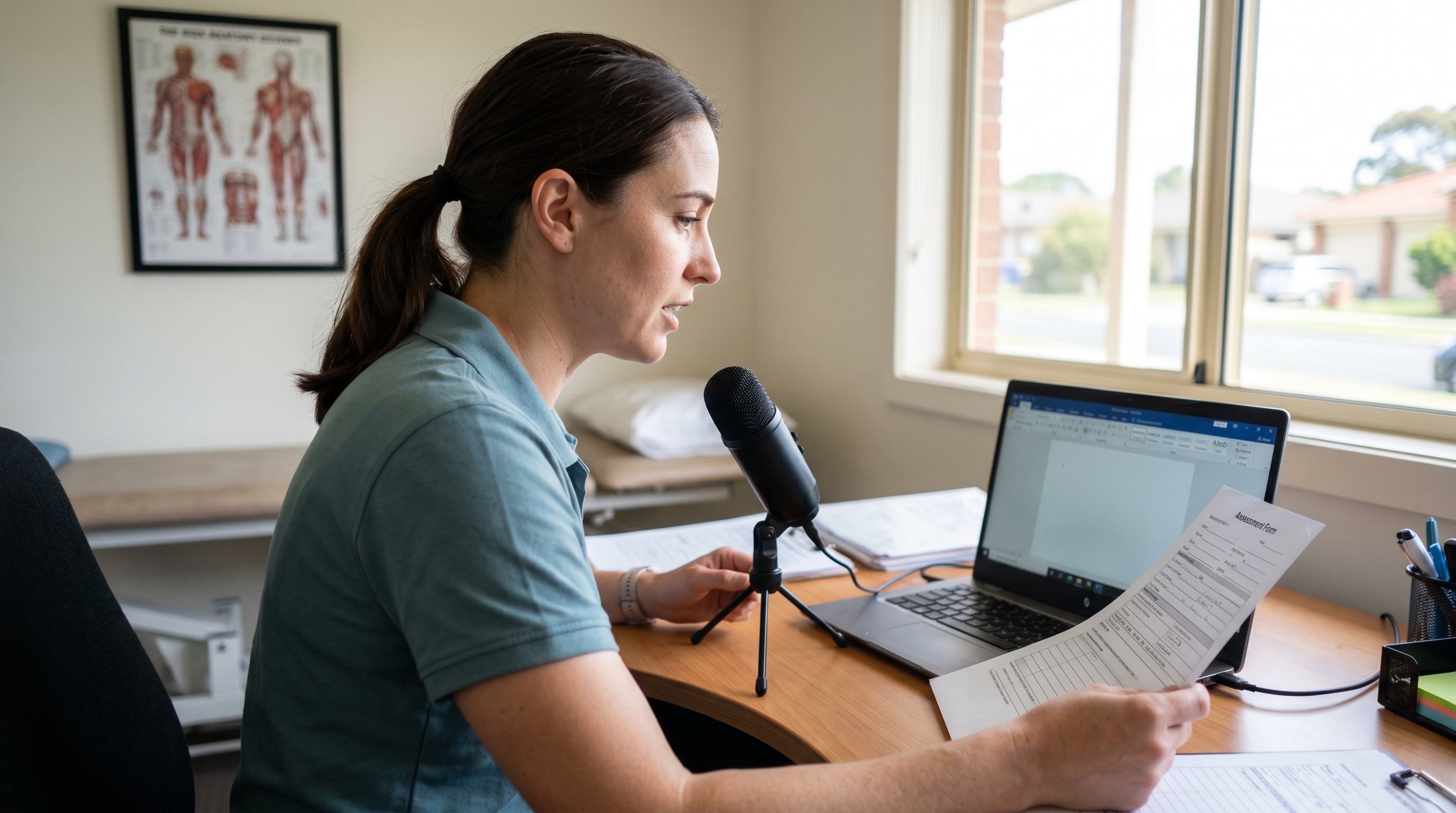 Australian physiotherapist dictating a progress report at her desk in a private clinic, reading from a printed assessment form
