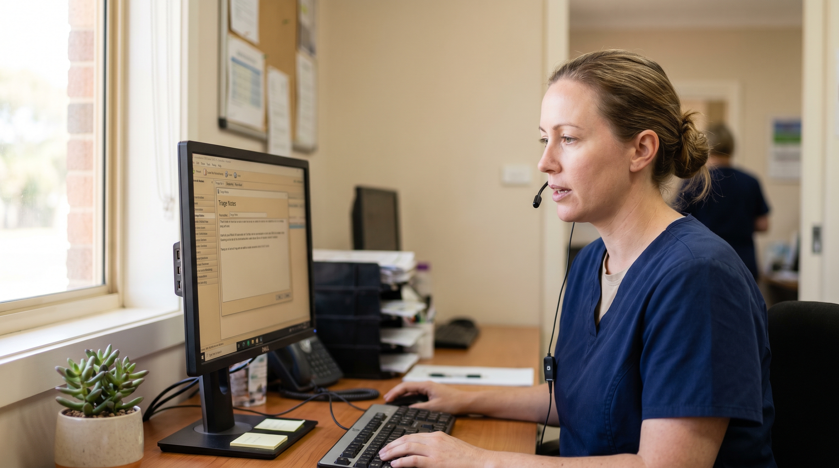 Australian practice nurse dictating a triage note at her workstation in a suburban general practice