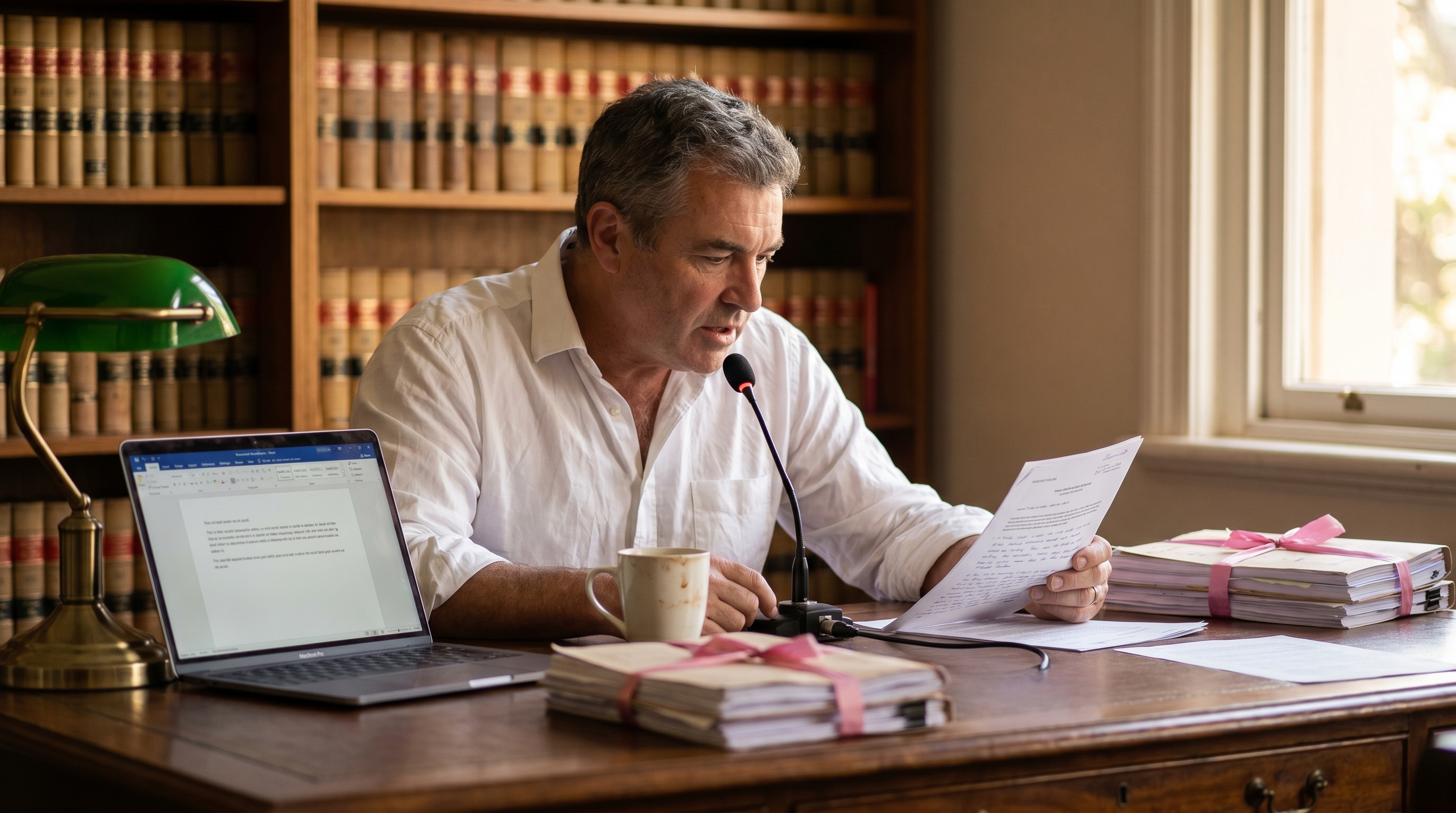 Australian barrister in chambers dictating an opinion from a printed case authority using a USB desk microphone
