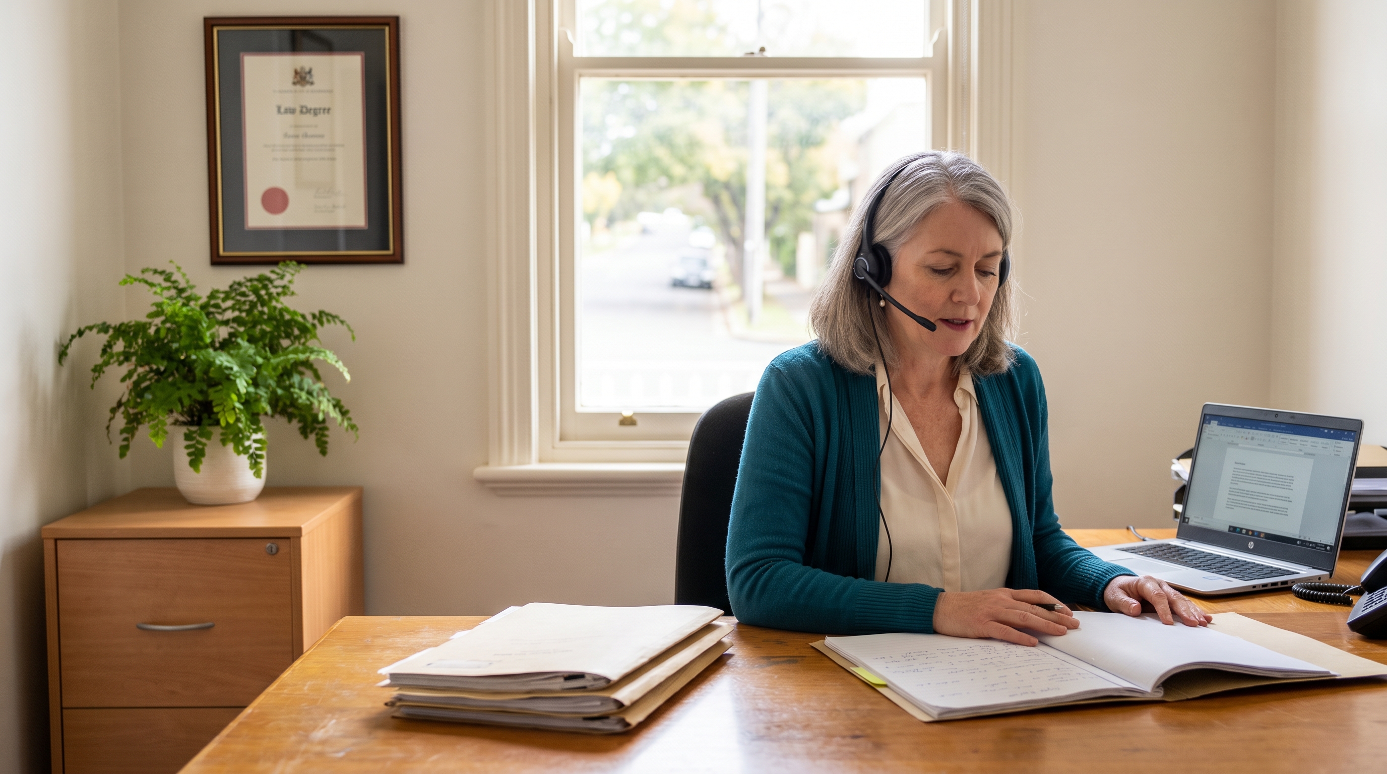 Australian solo practitioner family lawyer dictating a client letter from her tidy desk in a small high-street firm in regional Australia