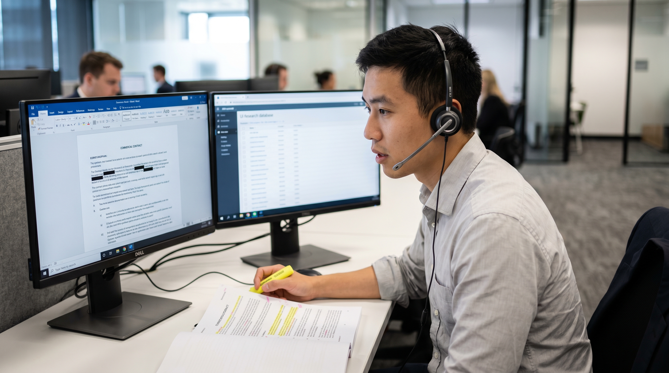 Junior solicitor at an open-plan firm hot-desk drafting a commercial contract on dual monitors using a USB headset, with a marked-up printed precedent open on the desk