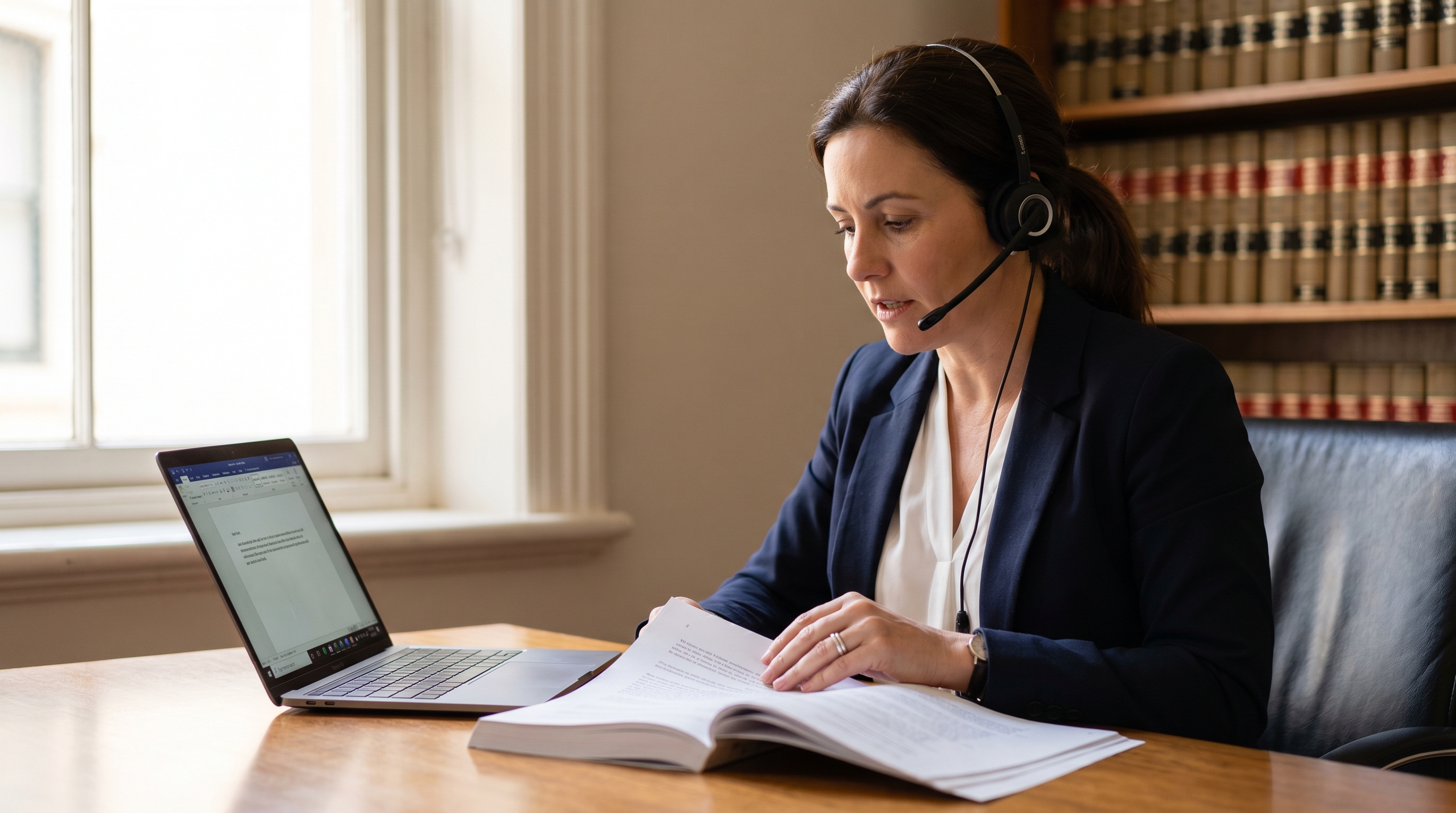 Australian solicitor dictating an advice letter at her desk in a Sydney or Melbourne law firm