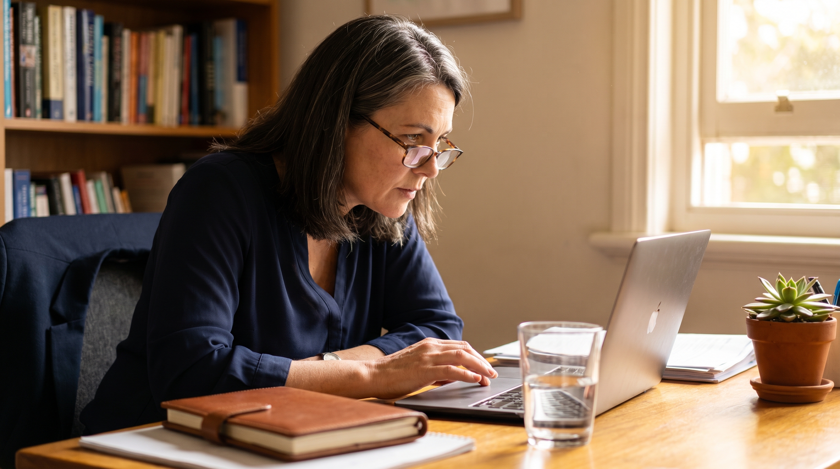 Australian specialist reviewing her dictated clinical notes on a laptop before saving them to the medical record