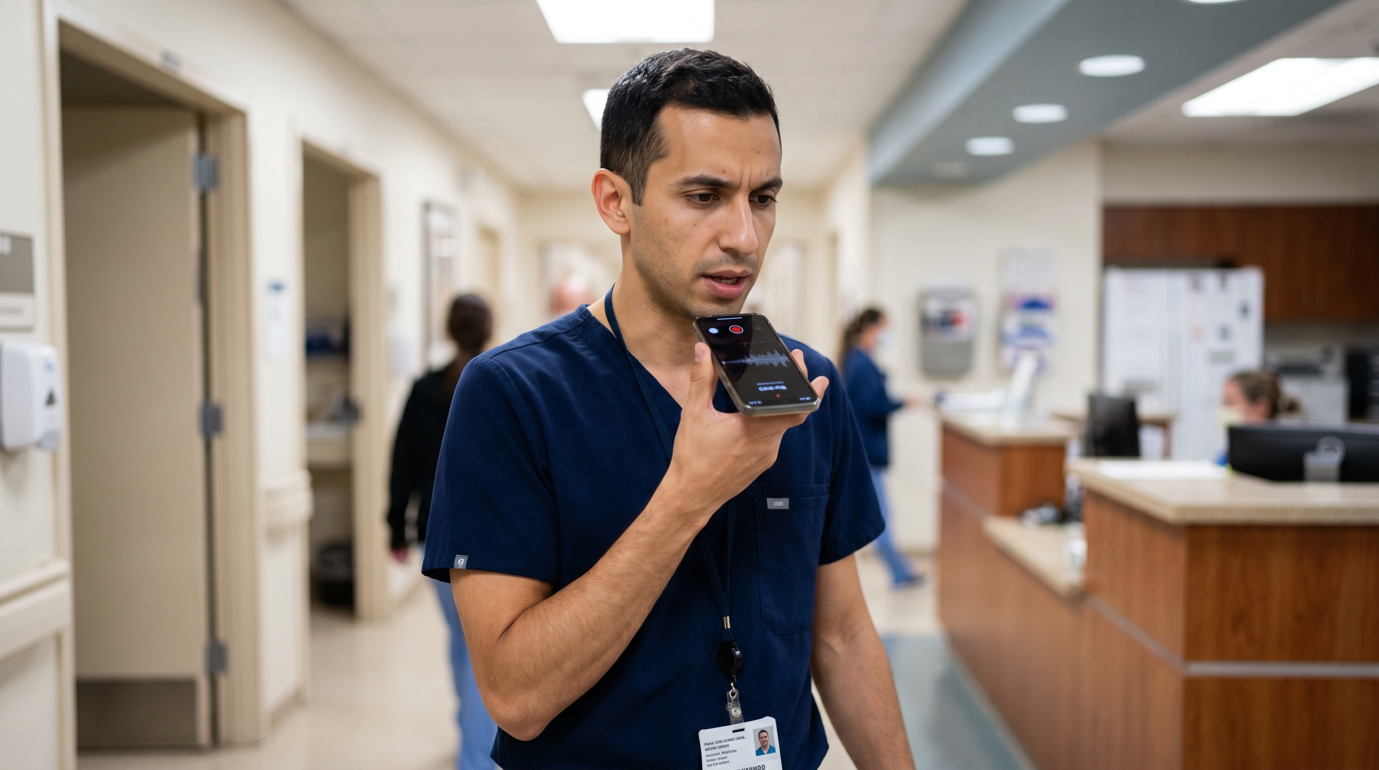 Hospital registrar in scrubs dictating a ward round note into the Speech Recognition Cloud mobile app between patient rooms