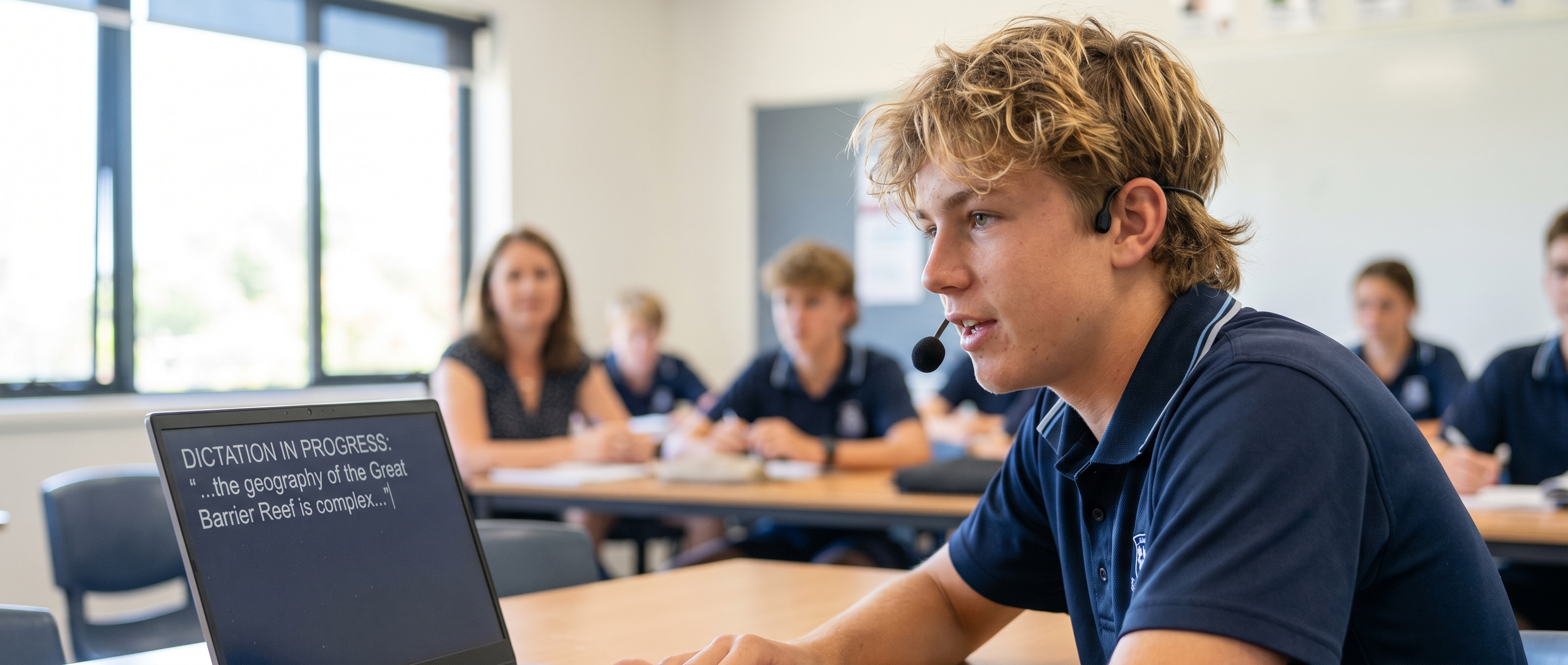 Teenage student dictating into a laptop with a headset microphone in an Australian classroom