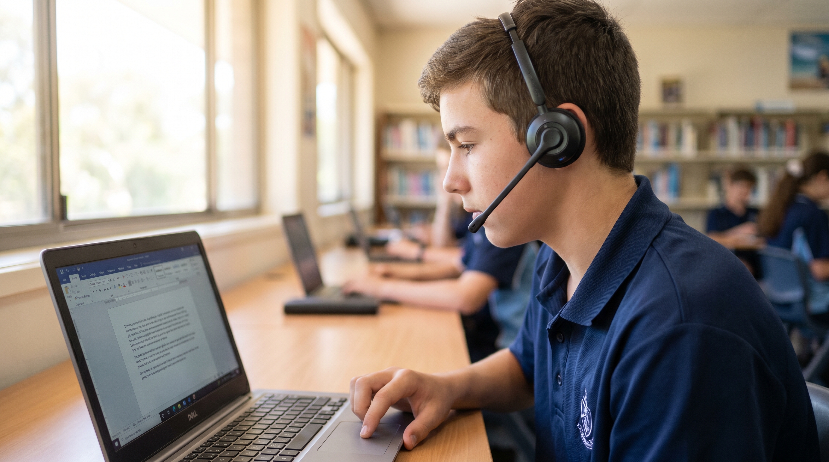 Teenage student wearing a headset reviewing and editing dictated text in a school library